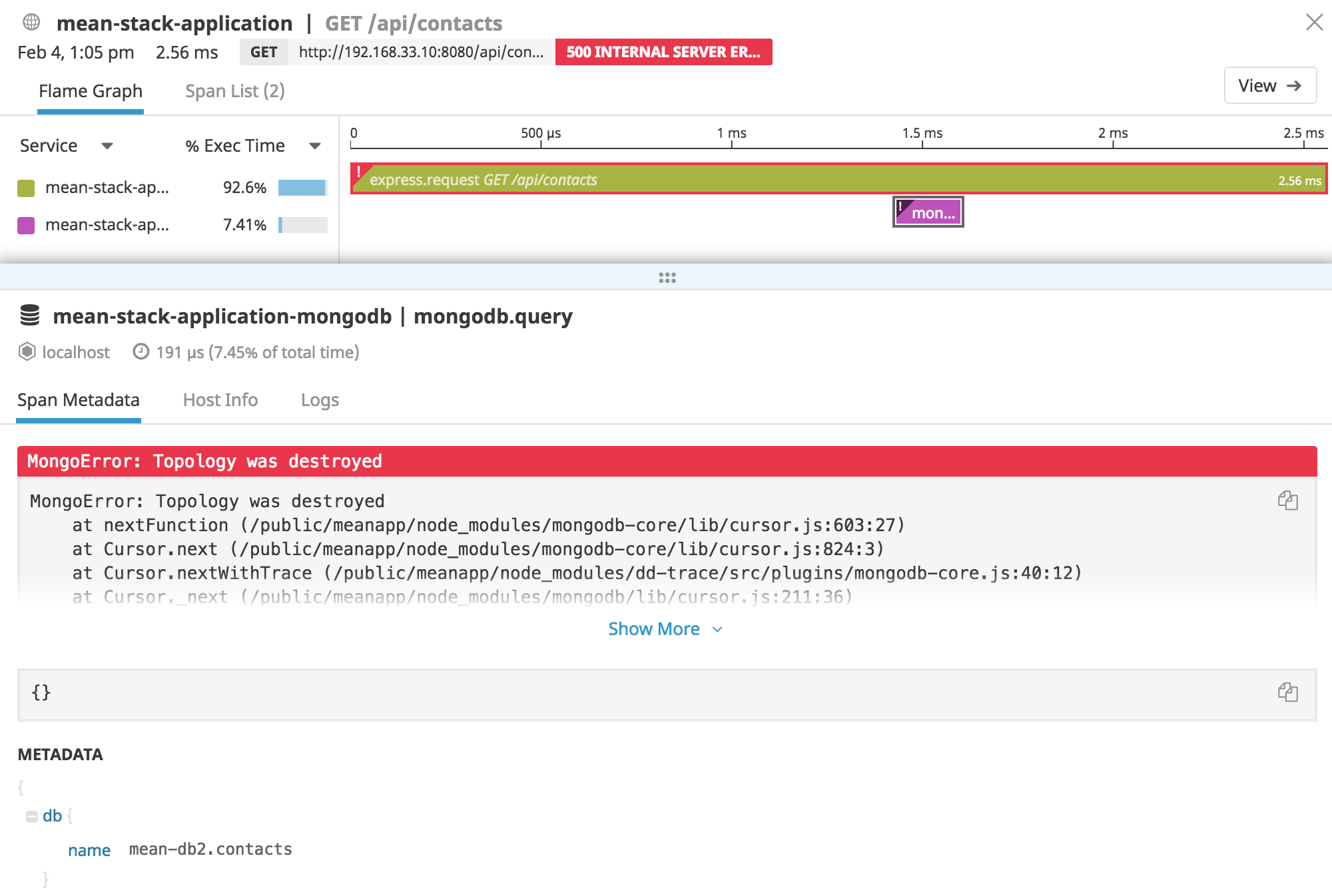 Example of a MEAN stack application trace and error