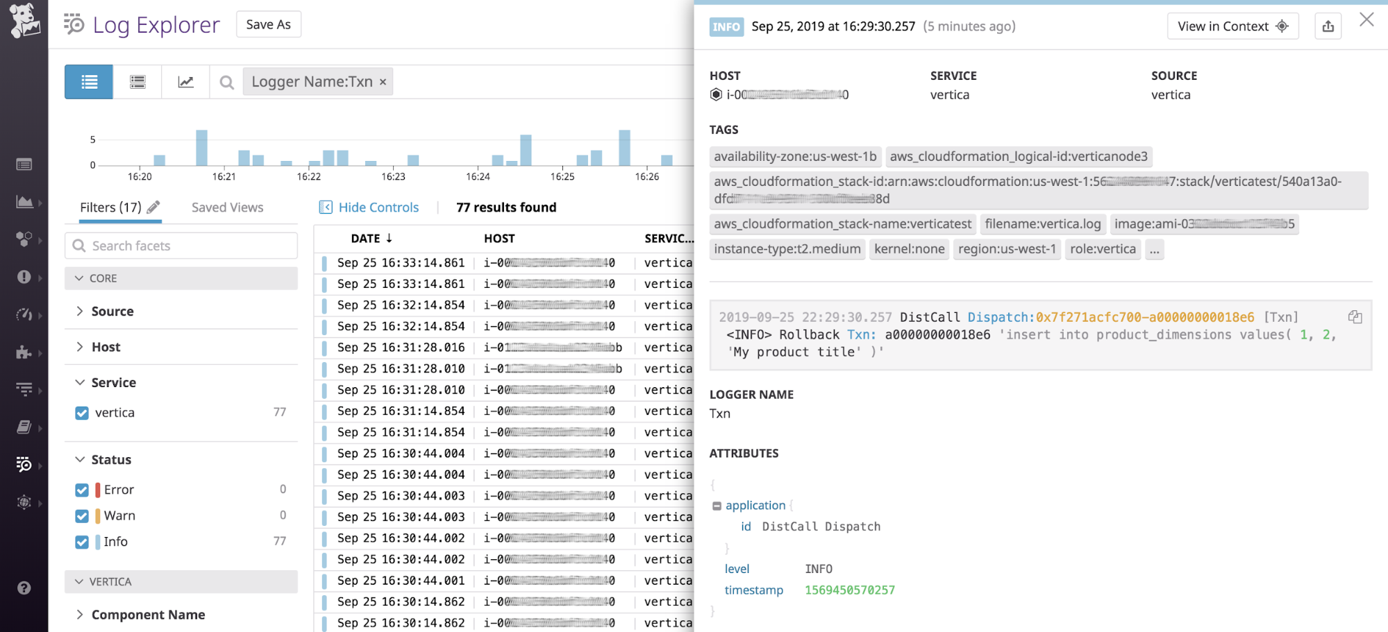 Datadog's Log Explorer shows Vertica logs filtered by Logger Name equals TXN, and highlights a log that says Vertica rolled back a query with an INSERT statement.