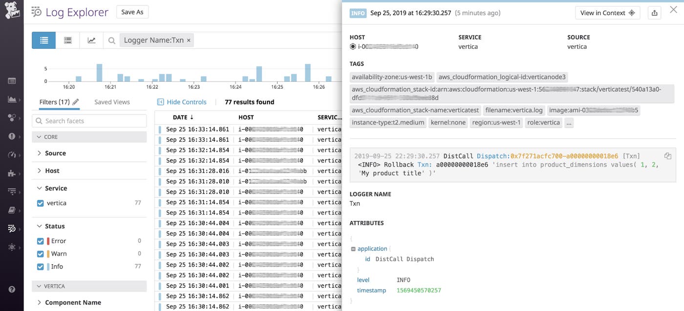 Datadog's Log Explorer shows Vertica logs filtered by Logger Name equals TXN, and highlights a log that says Vertica rolled back a query with an INSERT statement. Datadog's Log Explorer shows Vertica logs filtered by Logger Name equals TXN, and highlights a log that says Vertica rolled back a query with an INSERT statement.
