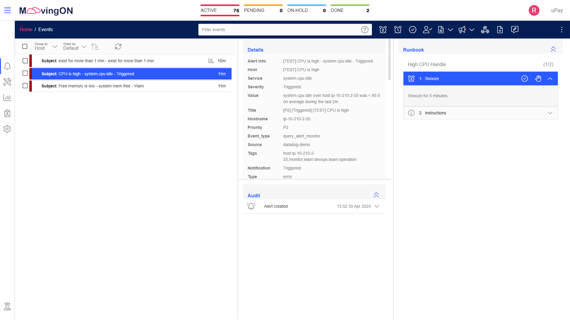 Alert generated from Datadog in the moovingon.ai UI