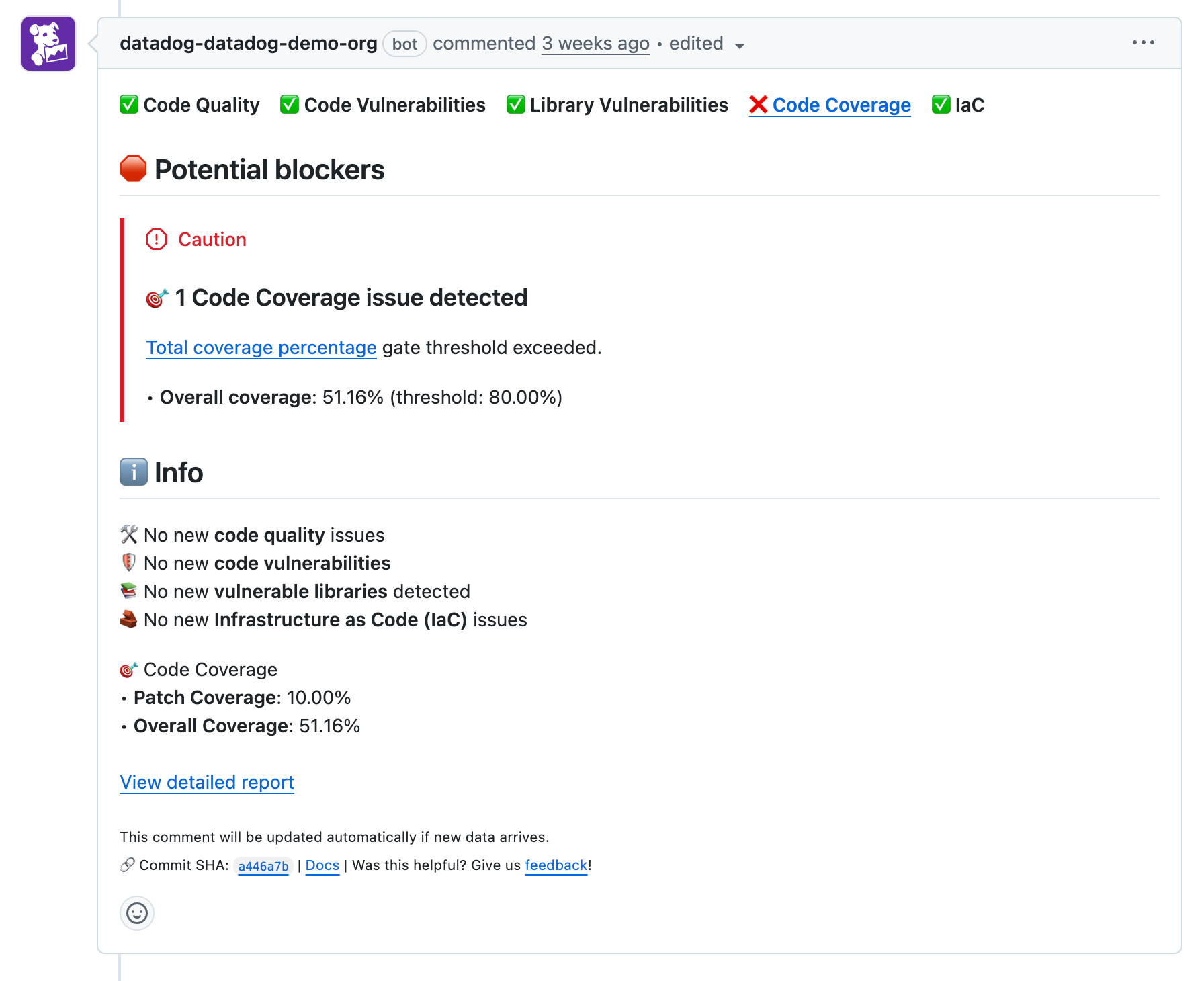 Code Coverage identification of one new issue indicating percentage of overall coverage and the option to view a detailed report.