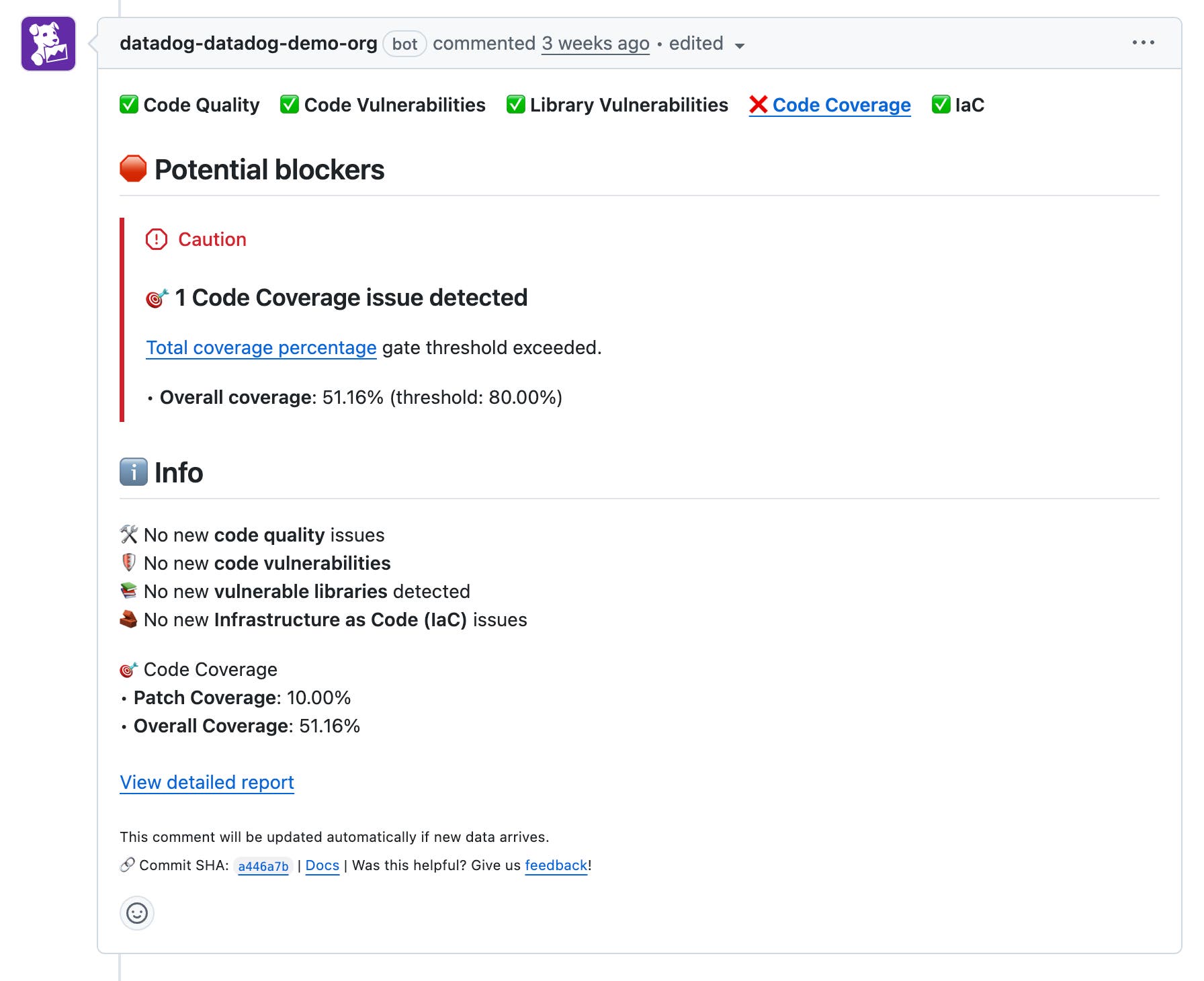 Code Coverage identification of one new issue indicating percentage of overall coverage and the option to view a detailed report. Code Coverage identification of one new issue indicating percentage of overall coverage and the option to view a detailed report.
