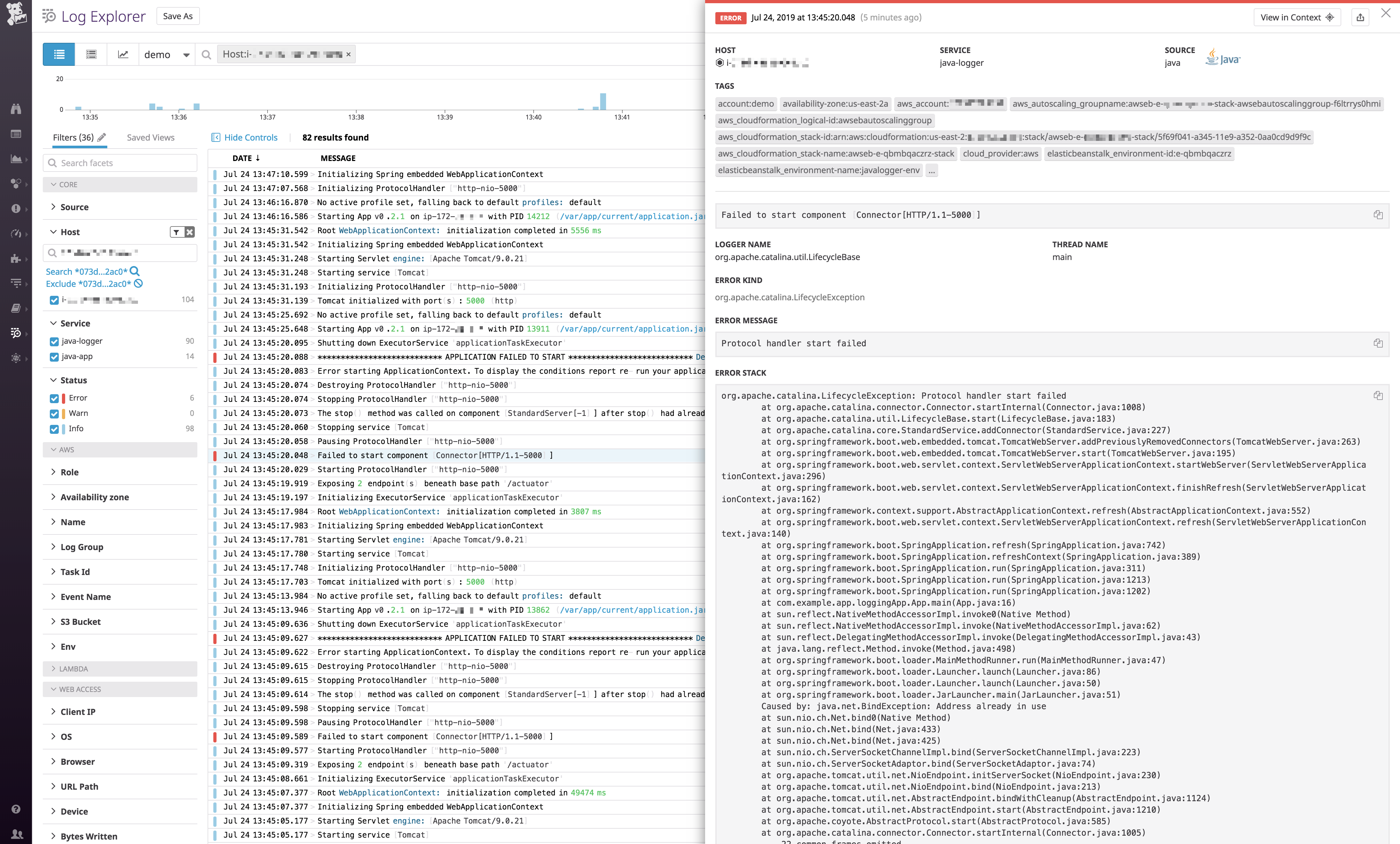 A stack trace logged in JSON.
