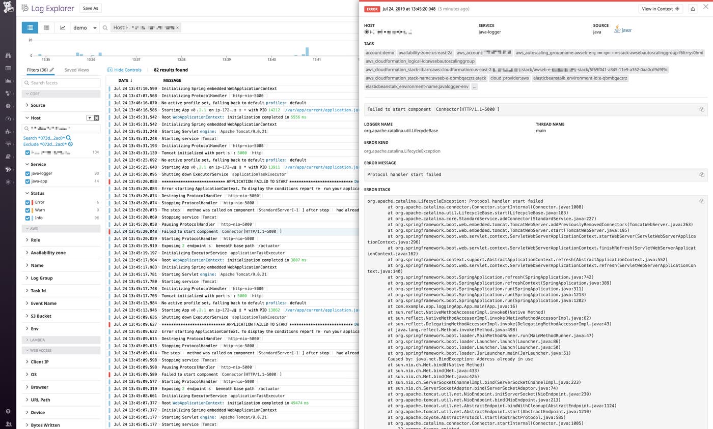 A stack trace logged in JSON. A stack trace logged in JSON.