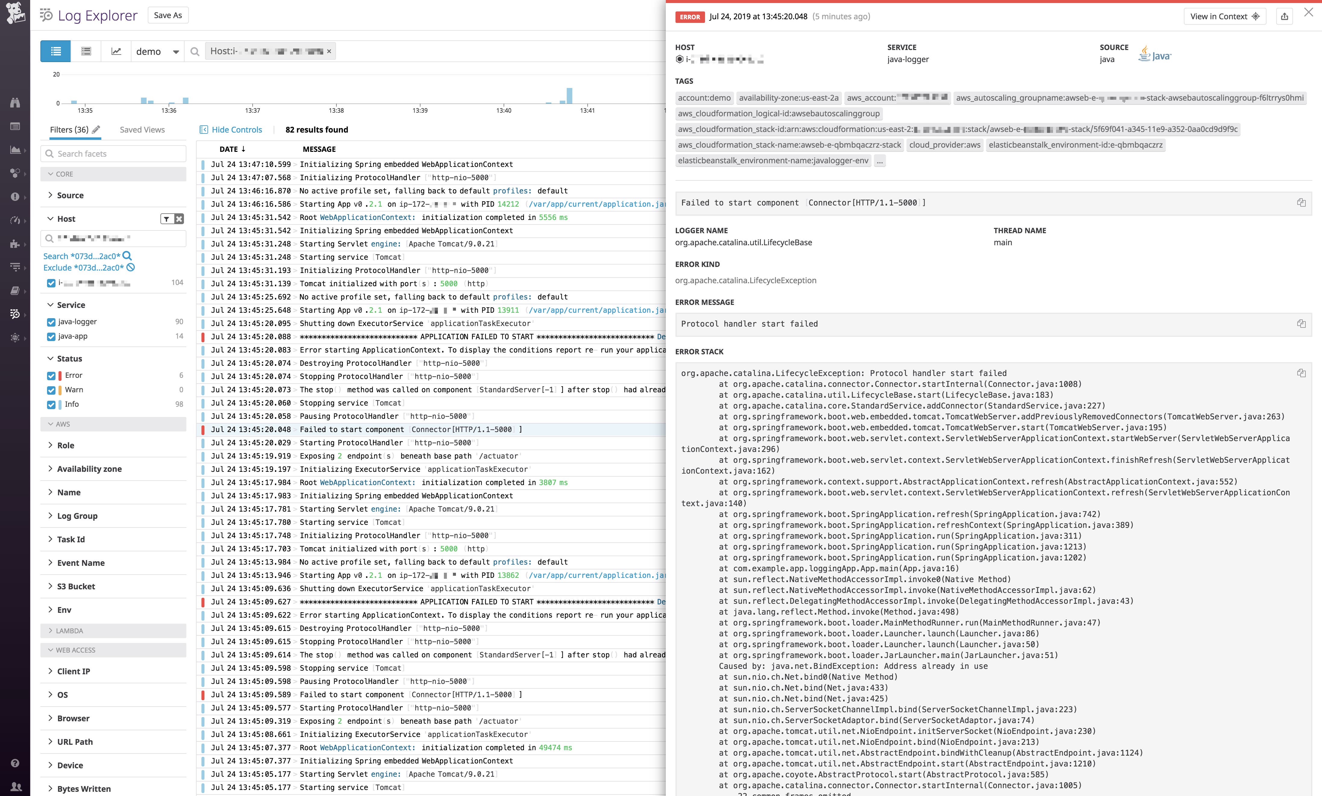 A stack trace logged in JSON. A stack trace logged in JSON.