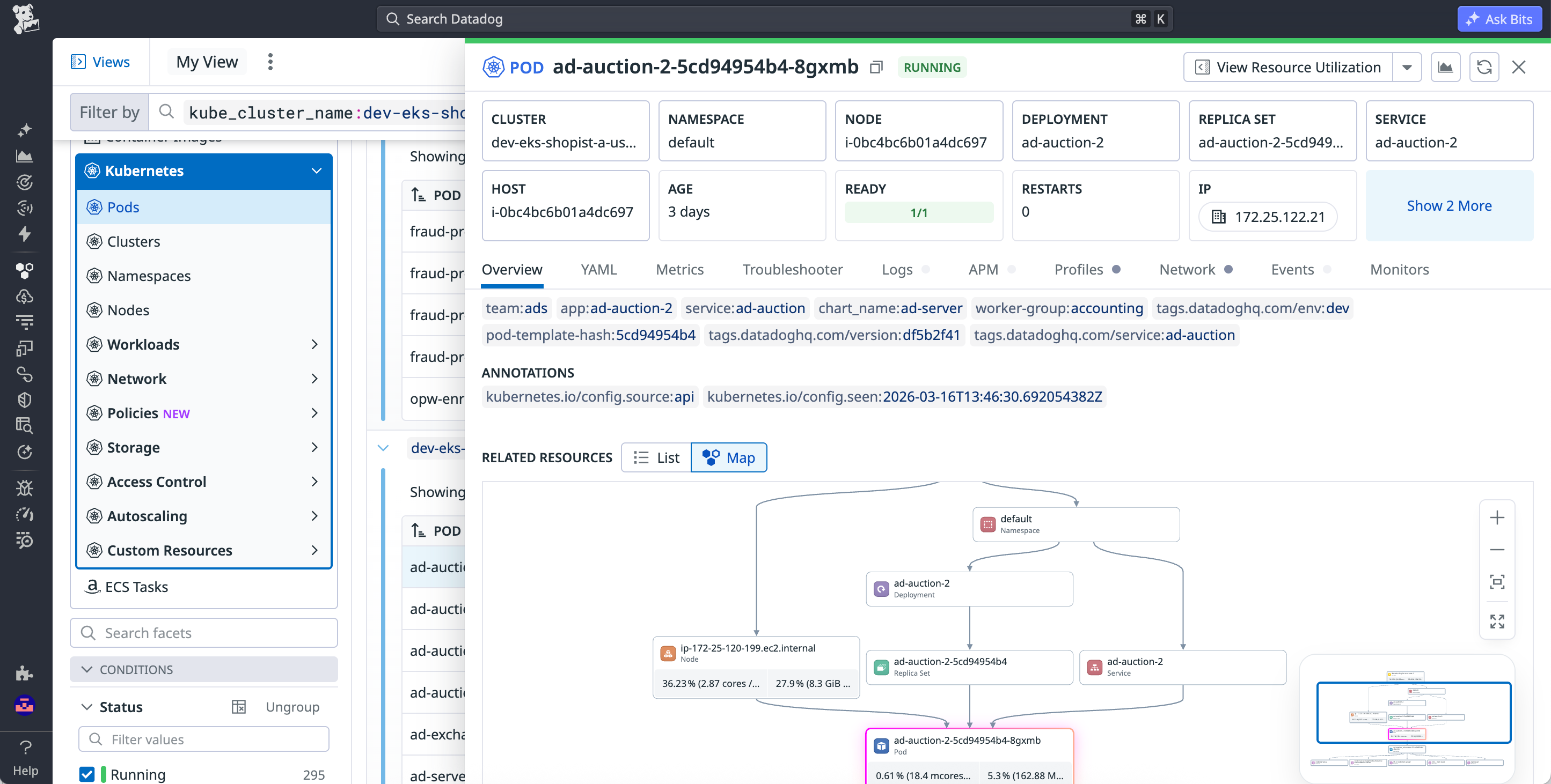Detailed Kubernetes resource view showing configuration, related resources, and correlated metrics, logs, and traces for a pod.