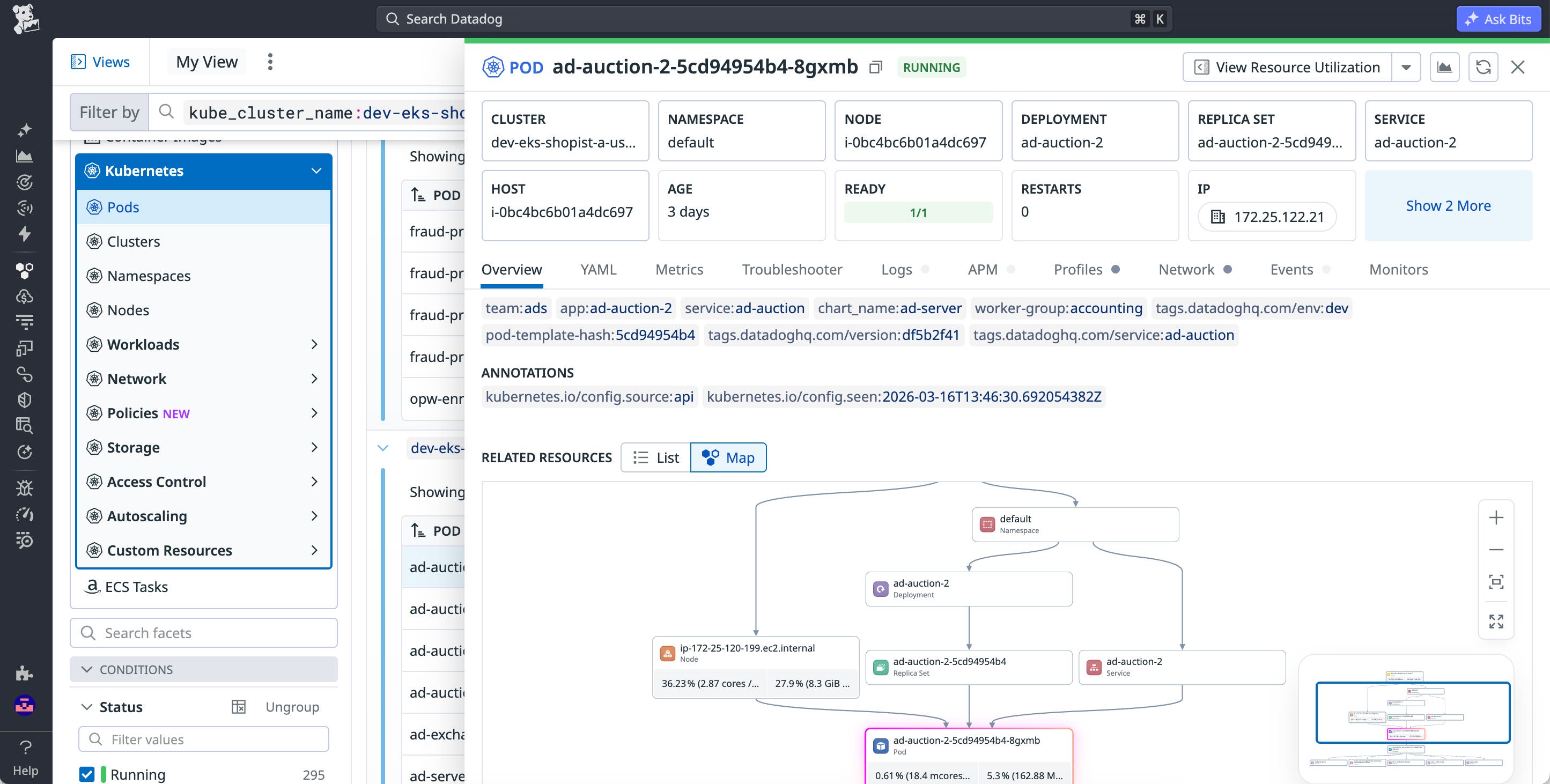 Detailed Kubernetes resource view showing configuration, related resources, and correlated metrics, logs, and traces for a pod. Detailed Kubernetes resource view showing configuration, related resources, and correlated metrics, logs, and traces for a pod.