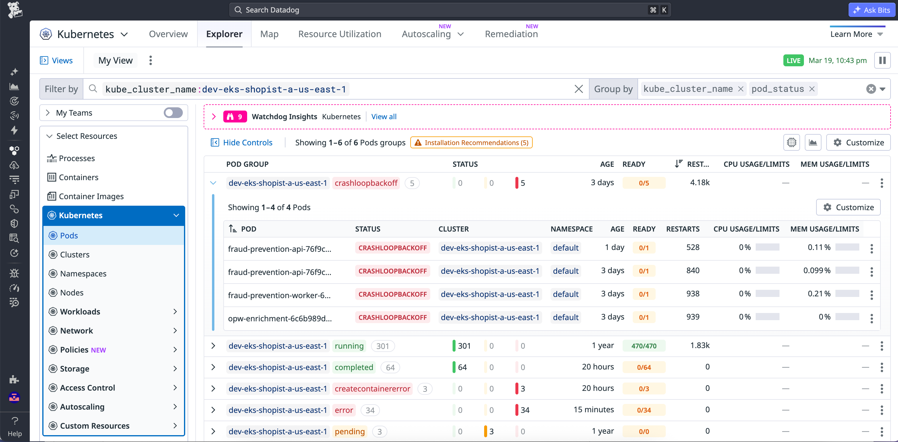 Kubernetes Explorer table view highlighting pods with high restart counts and errors to prioritize investigation.