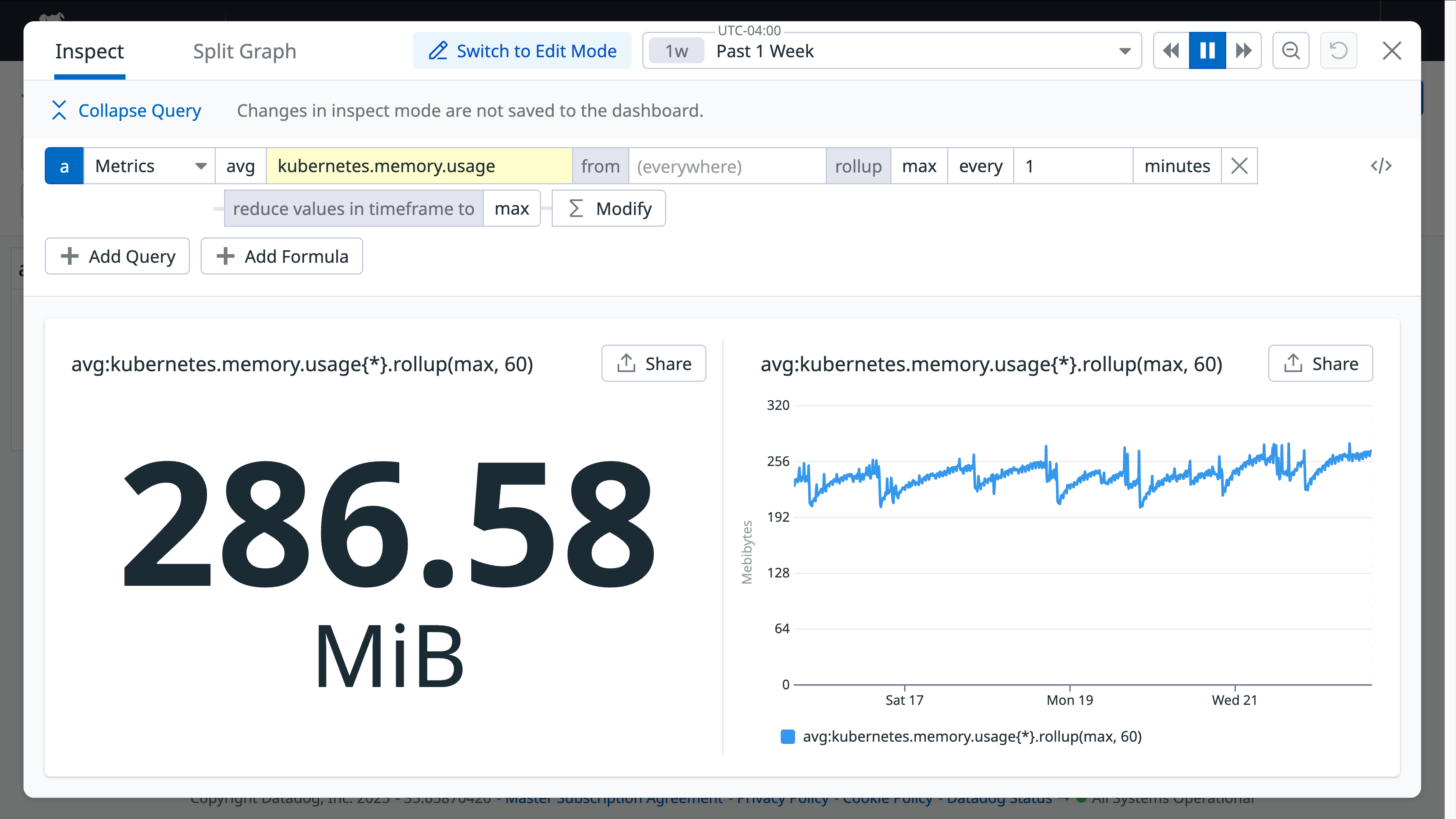 A dashboard widget revealing accurate maximum memory usage for kubernetes over time.