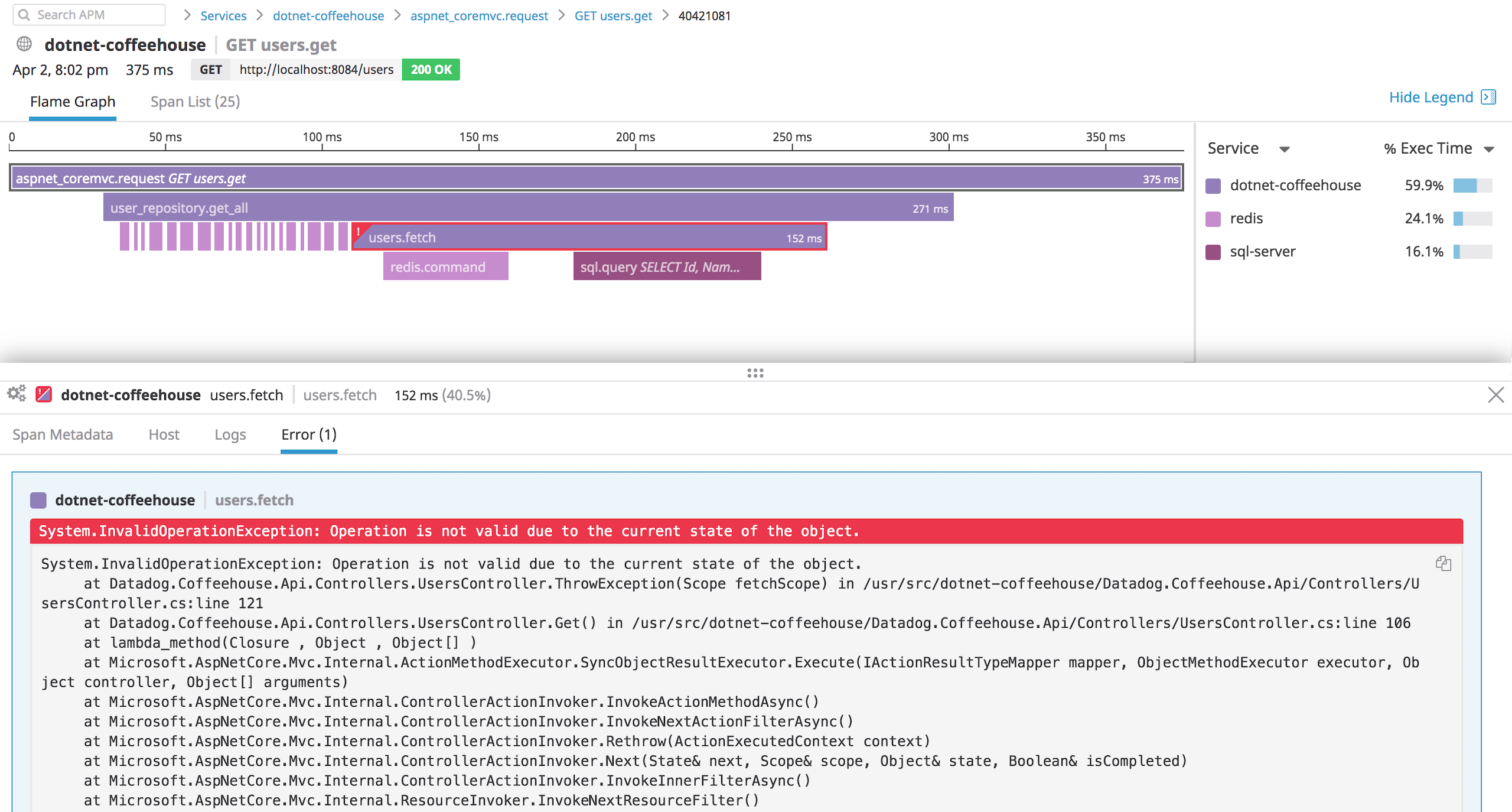 .NET monitoring in Datadog APM and distributed tracing inspecting error for ASP.NET