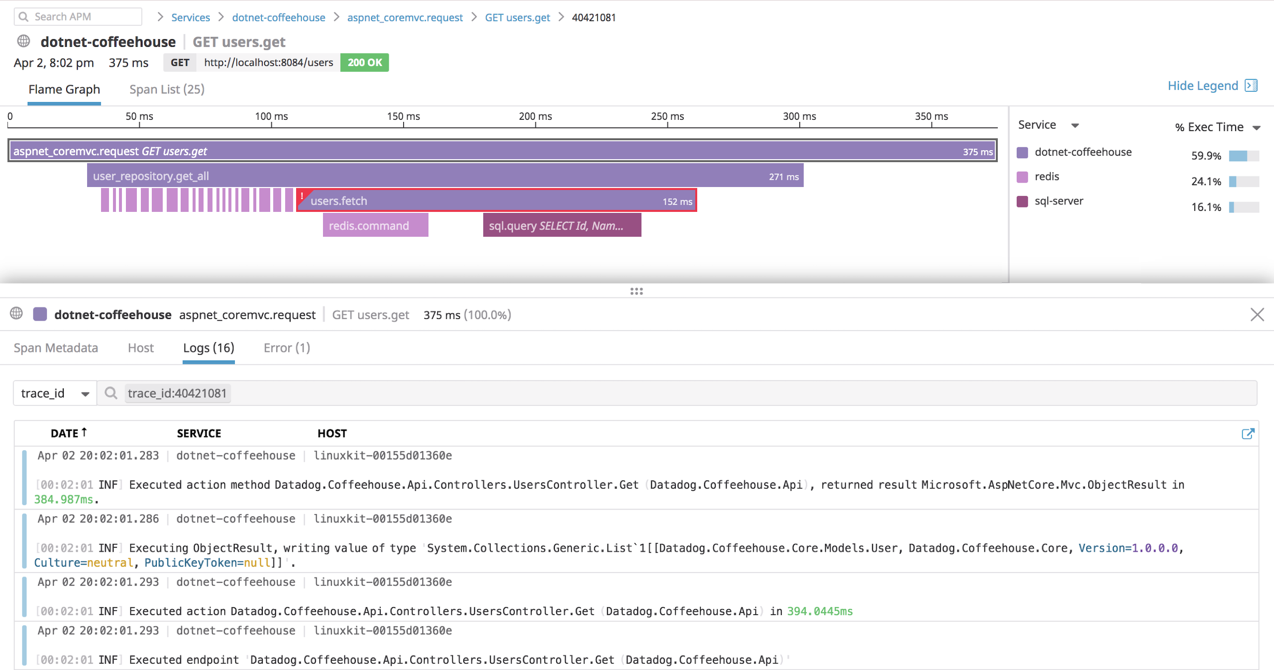 Inspect .NET application request trace from Datadog APM and correlate with host-level logs by selecting the Logs tab