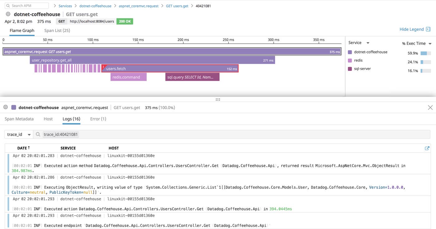 Inspect .NET application request trace from Datadog APM and correlate with host-level logs by selecting the Logs tab Inspect .NET application request trace from Datadog APM and correlate with host-level logs by selecting the Logs tab