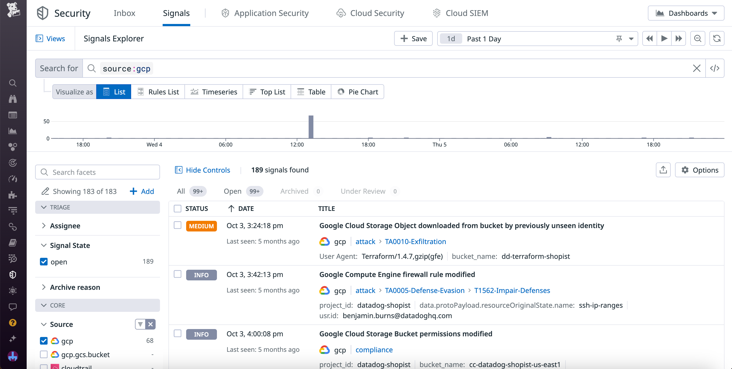 The Signals Explorer in Cloud SIEM, with GCP signals displayed.