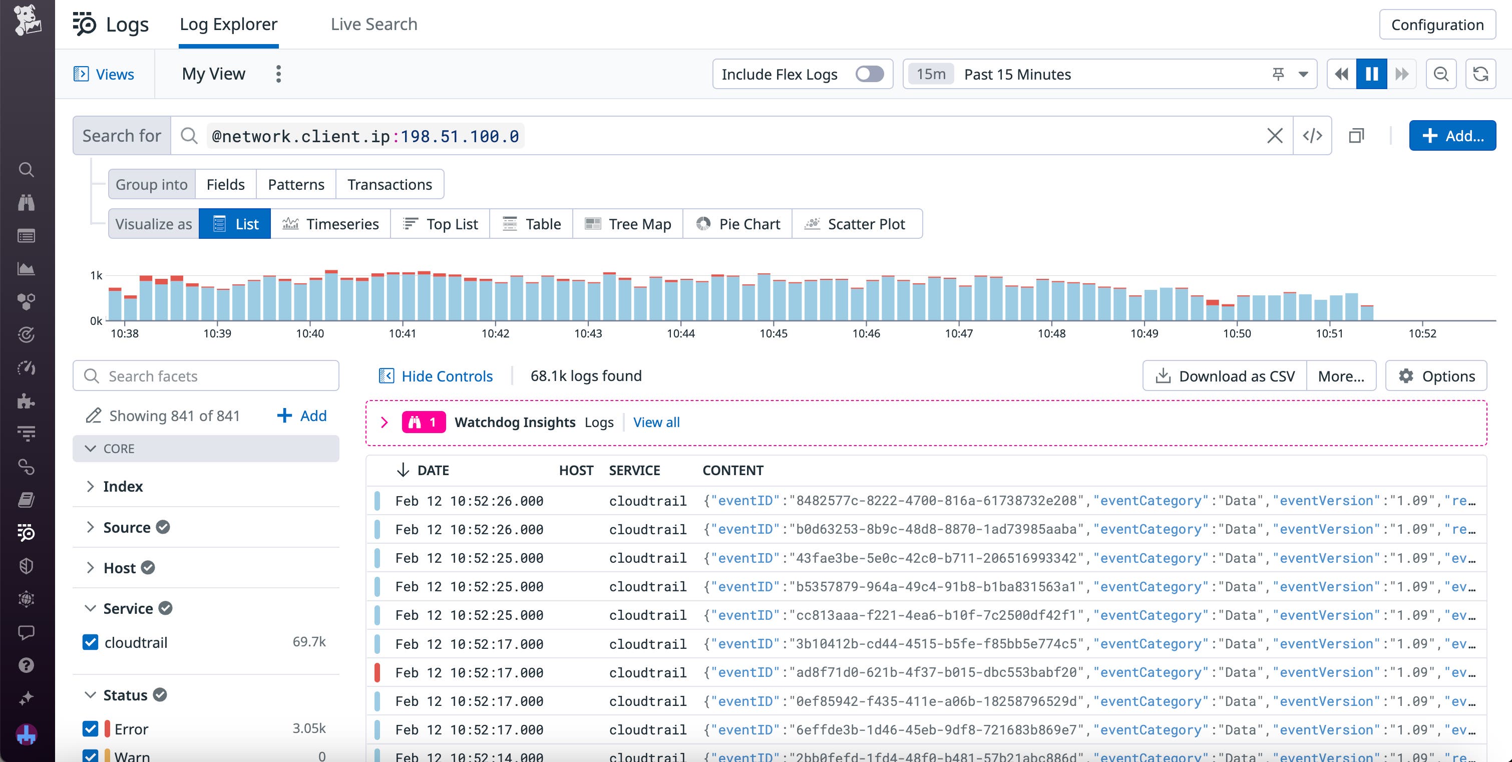 Logs in Log Explorer filtered to an IP address. Logs in Log Explorer filtered to an IP address.