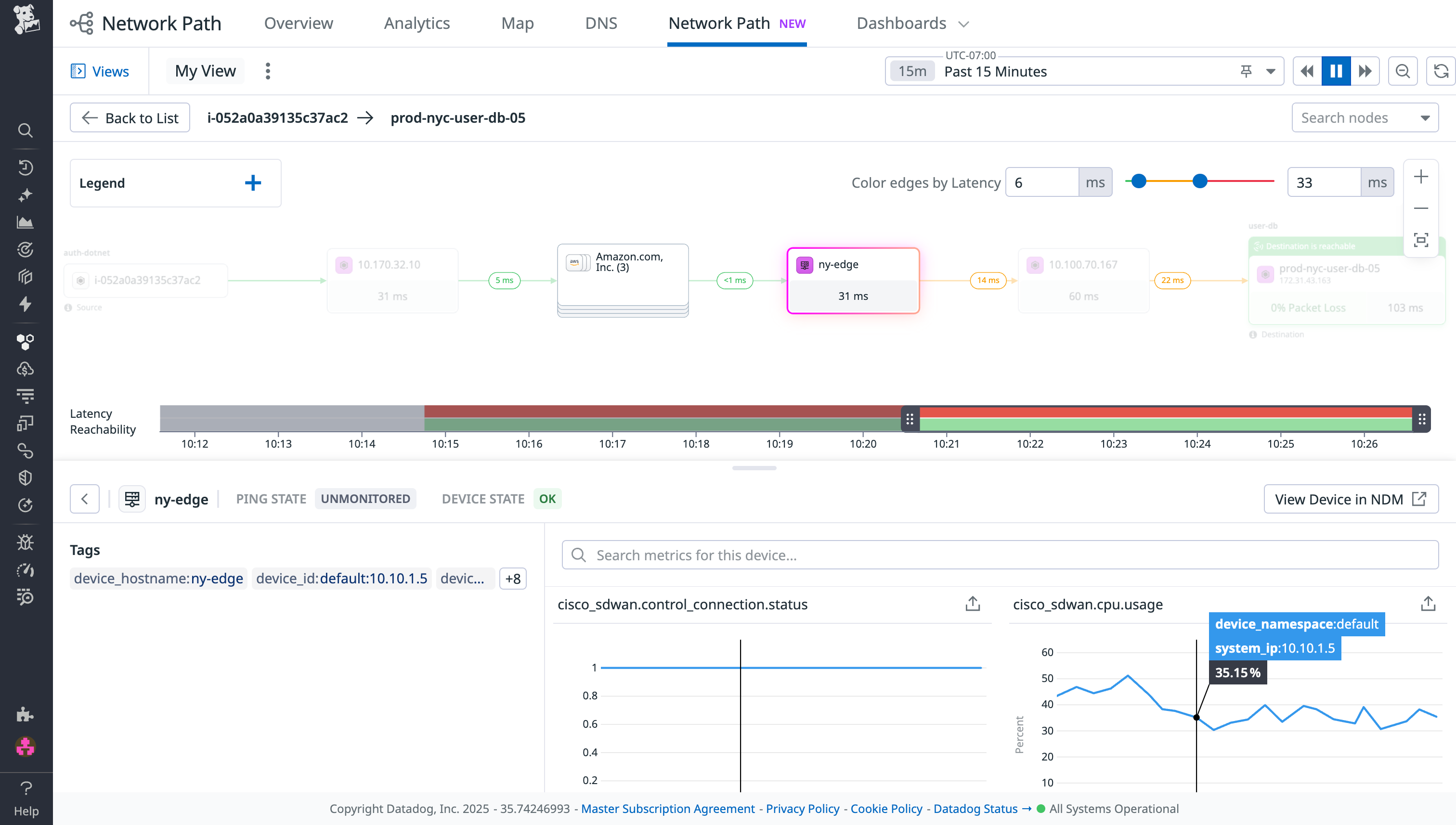 View in Network Path that shows a physical networking device named `ny-edge` and its latency.