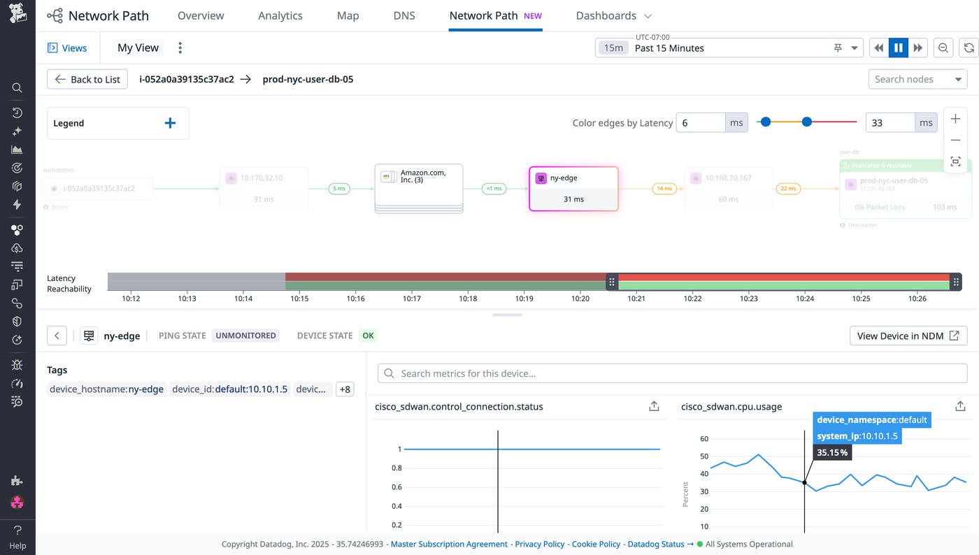 View in Network Path that shows a physical networking device named `ny-edge` and its latency. View in Network Path that shows a physical networking device named `ny-edge` and its latency.