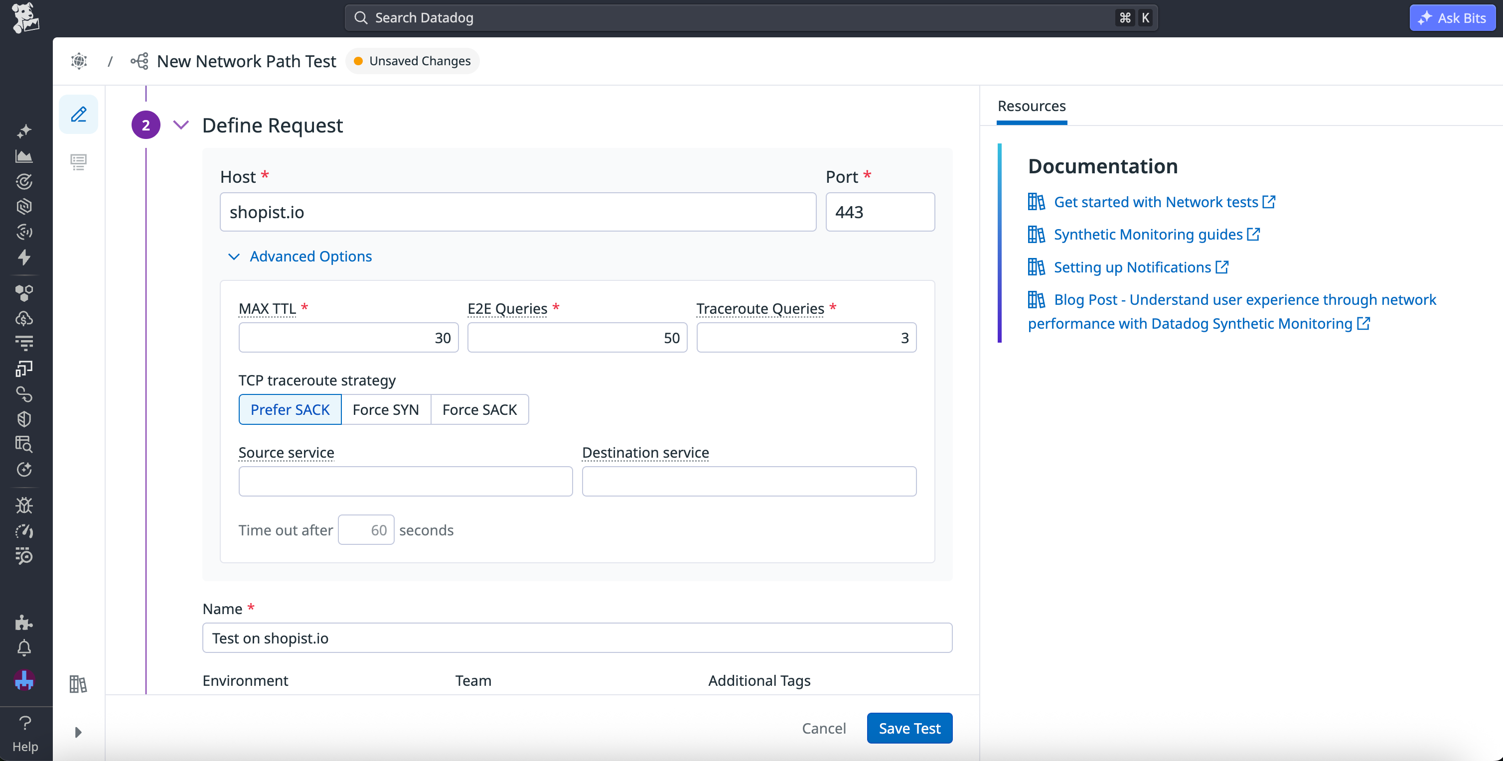 Network Path testing in Datadog Synthetic Monitoring with TCP protocol selected and SYN and SACK strategy options, enabling protocol-accurate traceroute testing.