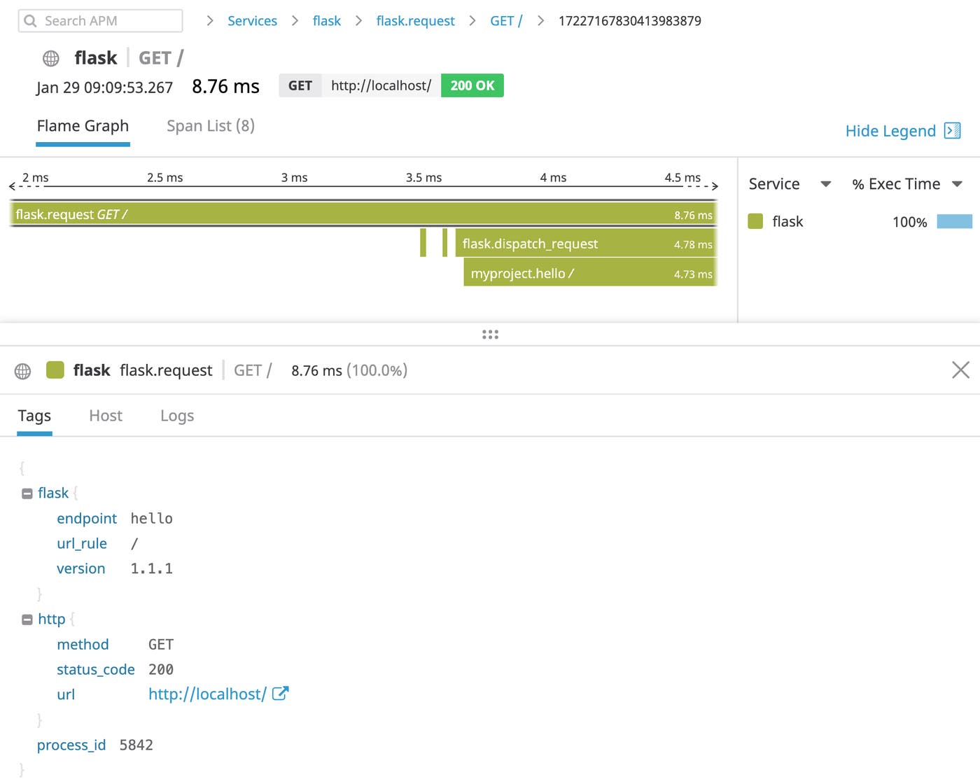A flame graph in Datadog shows multiple spans representing a request within a Flask application. A flame graph in Datadog shows multiple spans representing a request within a Flask application.