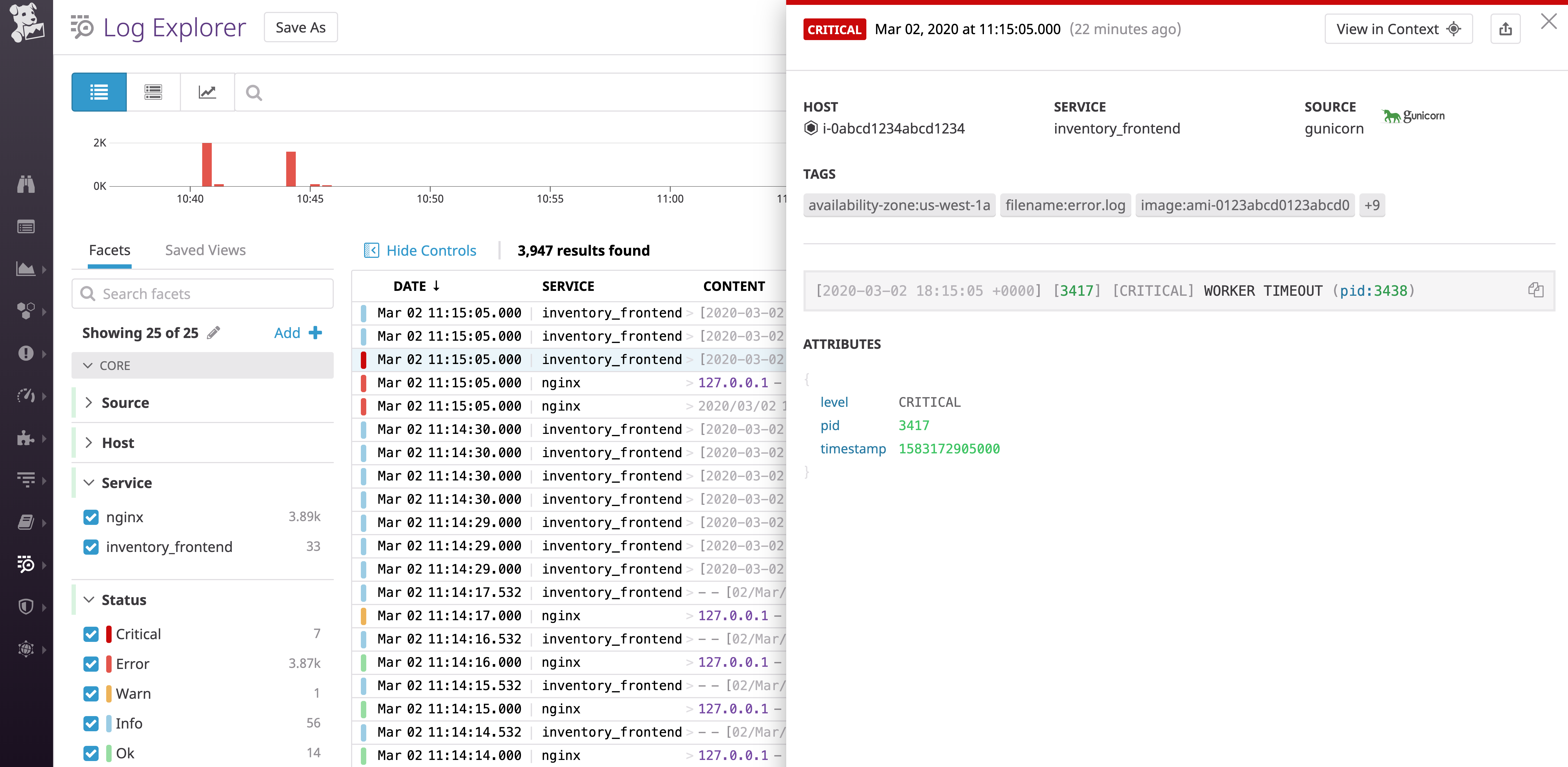The Datadog Log Explorer shows Gunicorn and NGINX logs and highlights a 502 log from Gunicorn's error log.