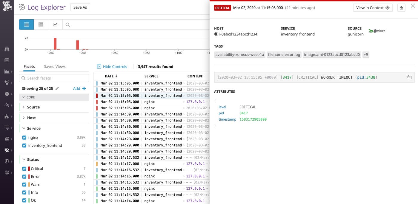 The Datadog Log Explorer shows Gunicorn and NGINX logs and highlights a 502 log from Gunicorn's error log. The Datadog Log Explorer shows Gunicorn and NGINX logs and highlights a 502 log from Gunicorn's error log.