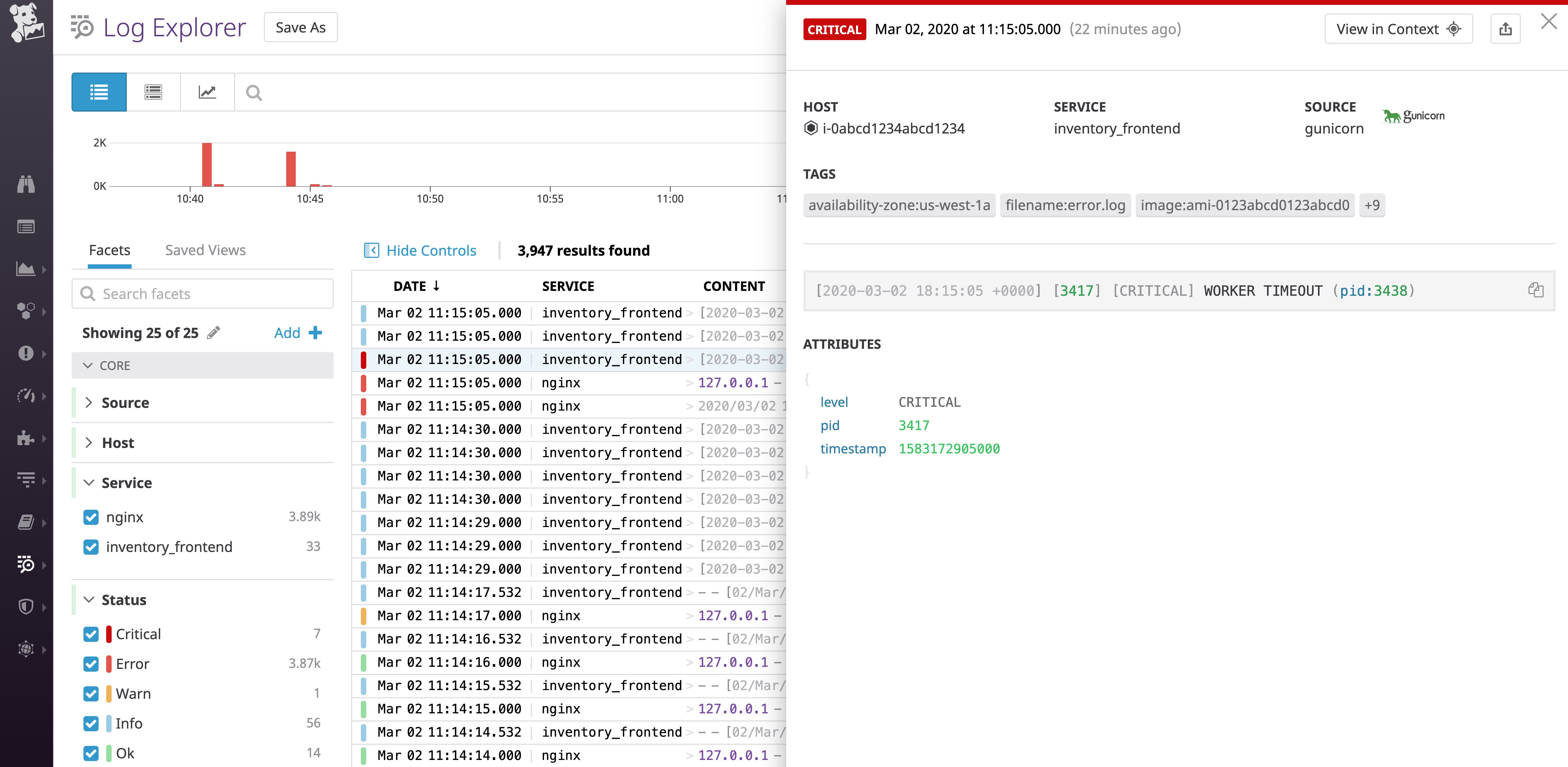 The Datadog Log Explorer shows Gunicorn and NGINX logs and highlights a 502 log from Gunicorn's error log. The Datadog Log Explorer shows Gunicorn and NGINX logs and highlights a 502 log from Gunicorn's error log.