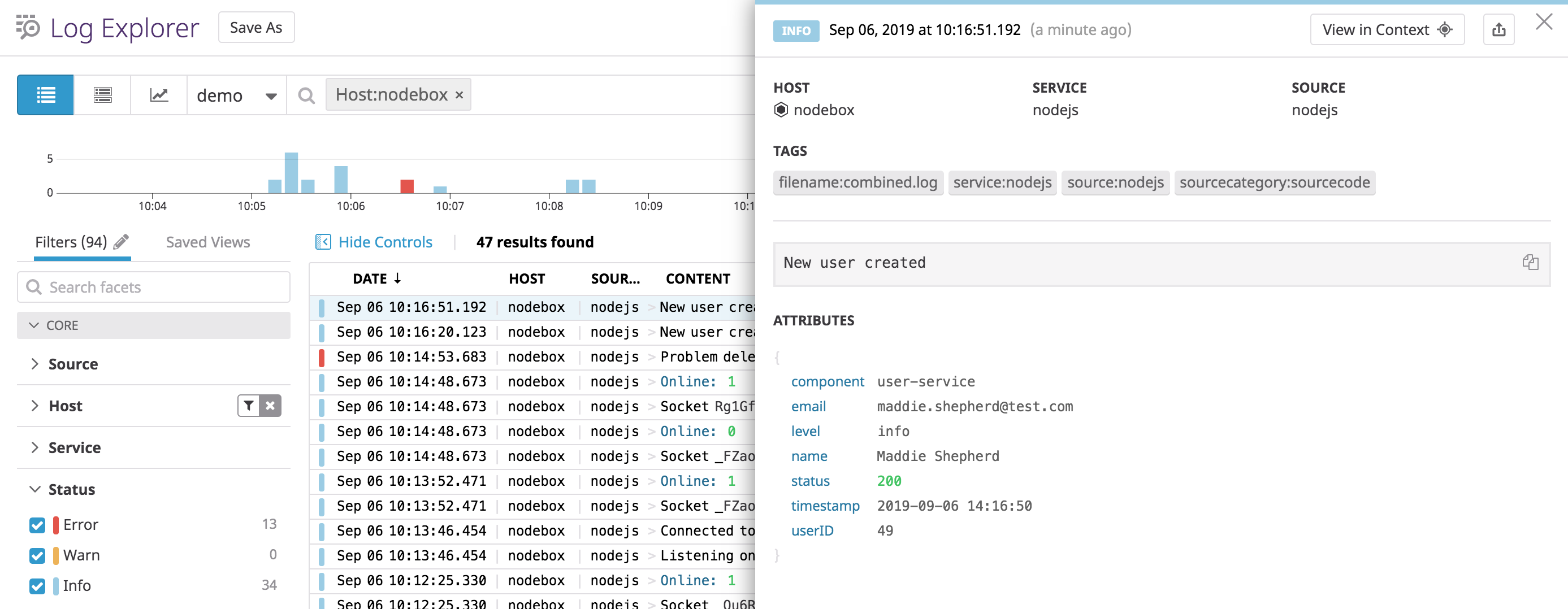 An example of a Node.js info log