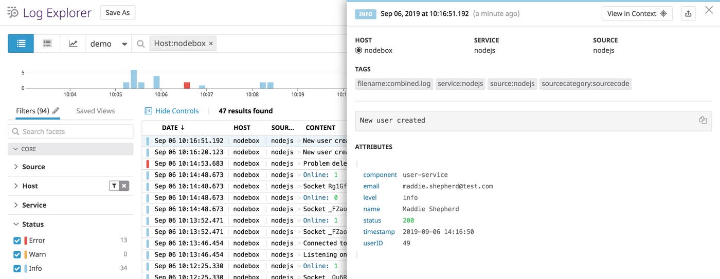 An example of a Node.js info log An example of a Node.js info log