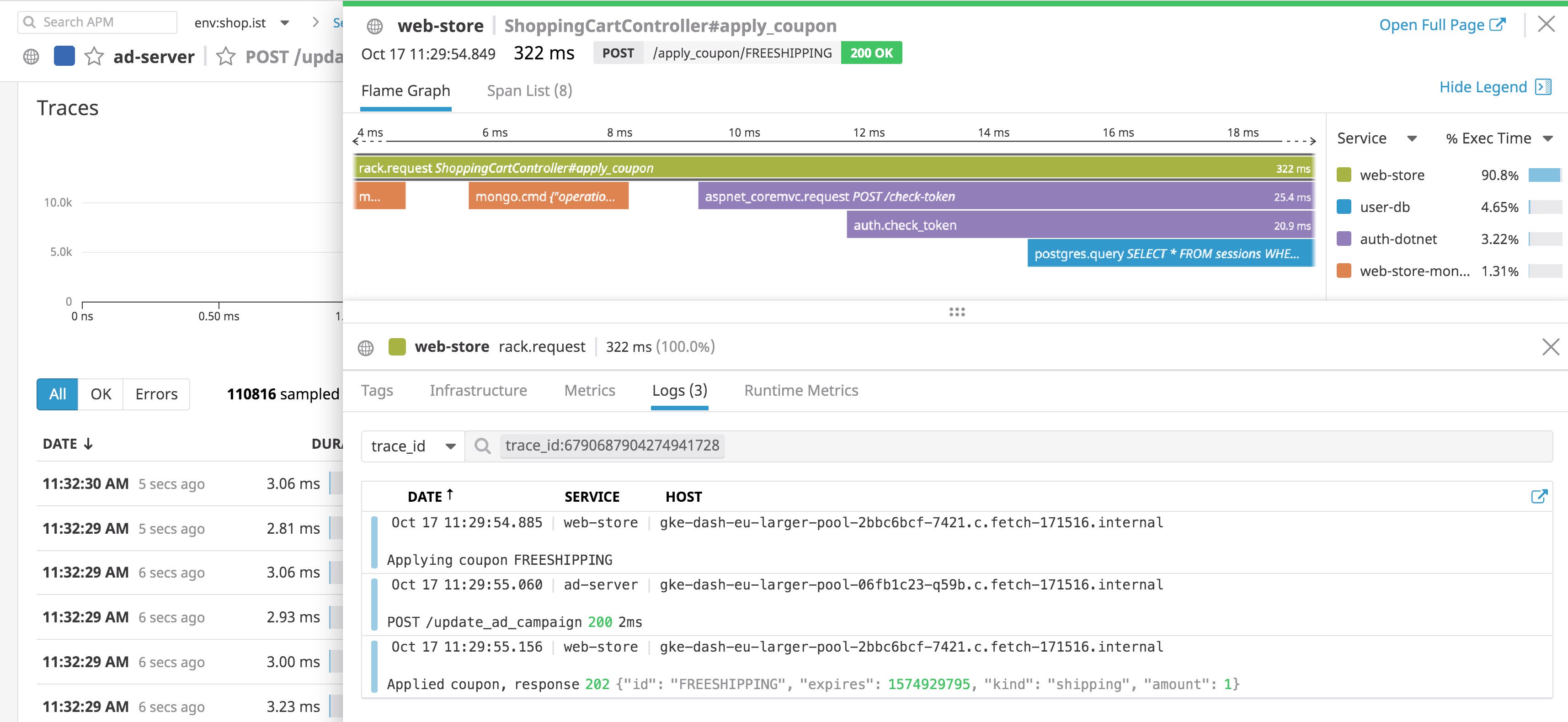 View logs associated with a request trace. View logs associated with a request trace.