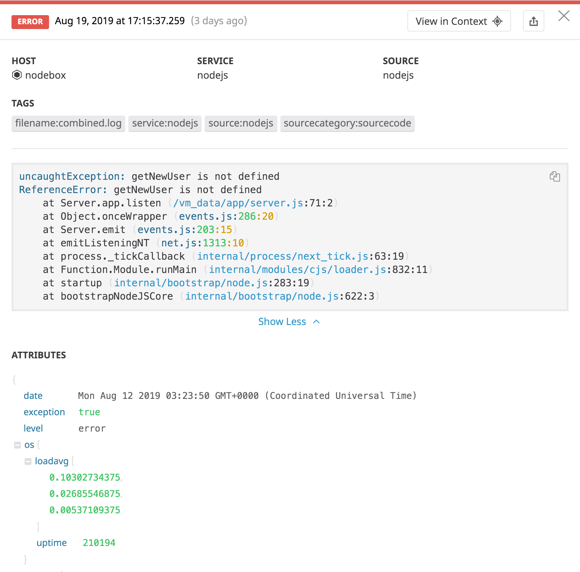 An example of a Node.js error log with the stack trace