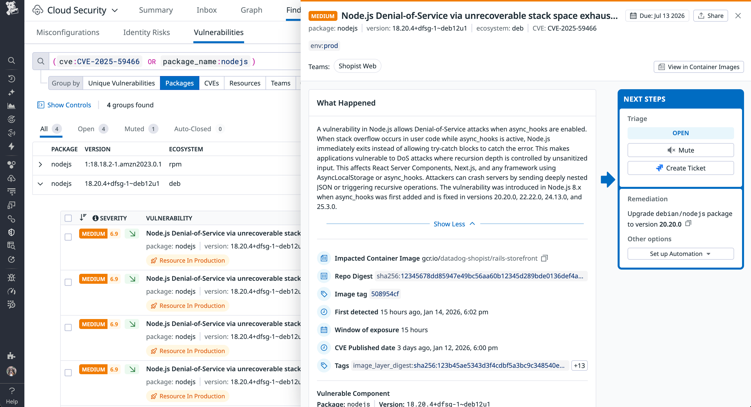 Screenshot of a Datadog Cloud Security finding for CVE-2025-59466. It suggests an upgrade to Node.js version 20.20.0.