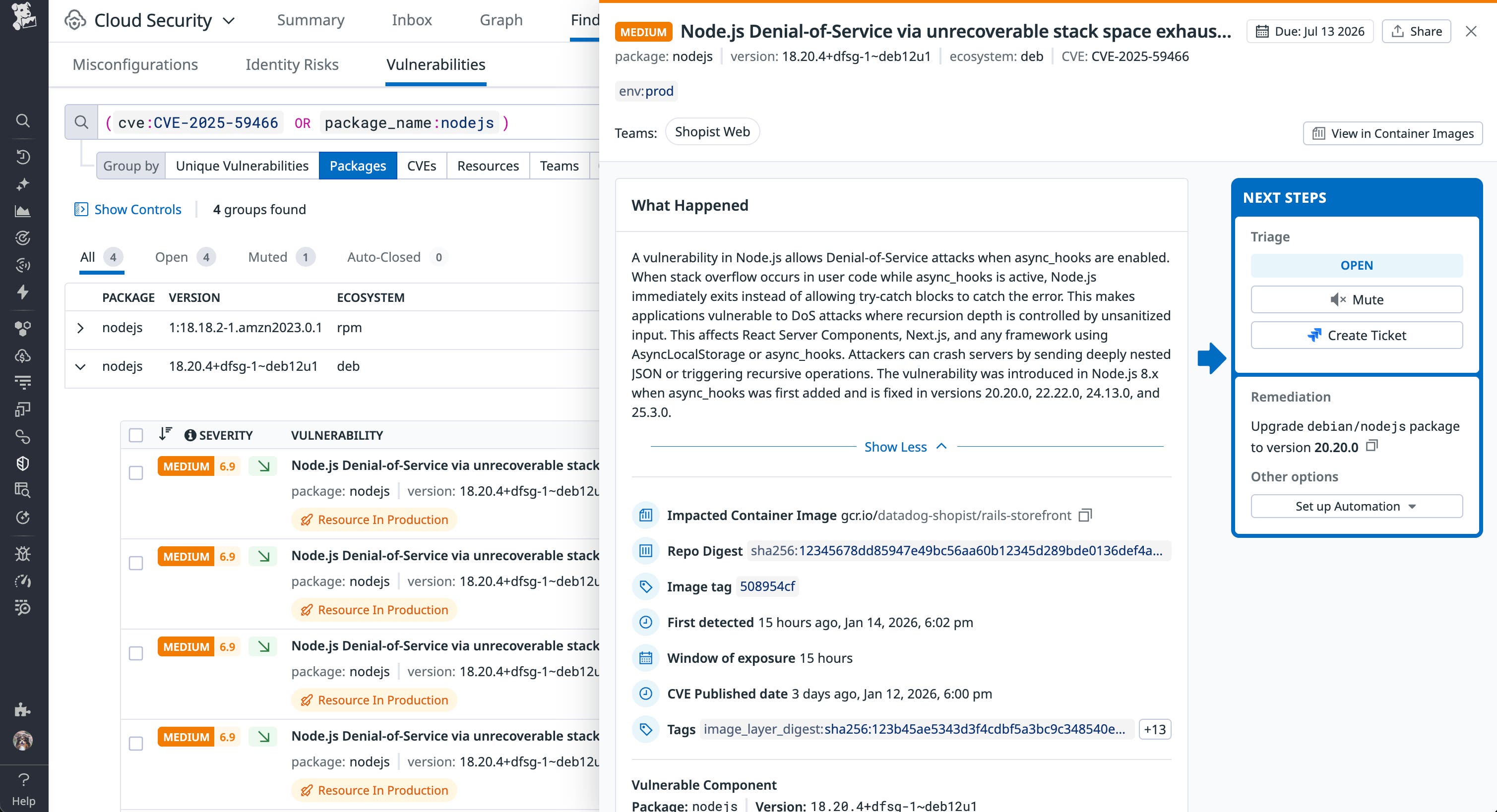 Screenshot of a Datadog Cloud Security finding for CVE-2025-59466. It suggests an upgrade to Node.js version 20.20.0. Screenshot of a Datadog Cloud Security finding for CVE-2025-59466. It suggests an upgrade to Node.js version 20.20.0.