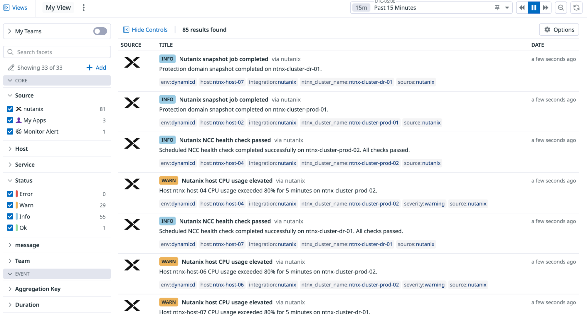 A Datadog event stream that shows Prism Central alerts, tasks, audits, and health check events.
