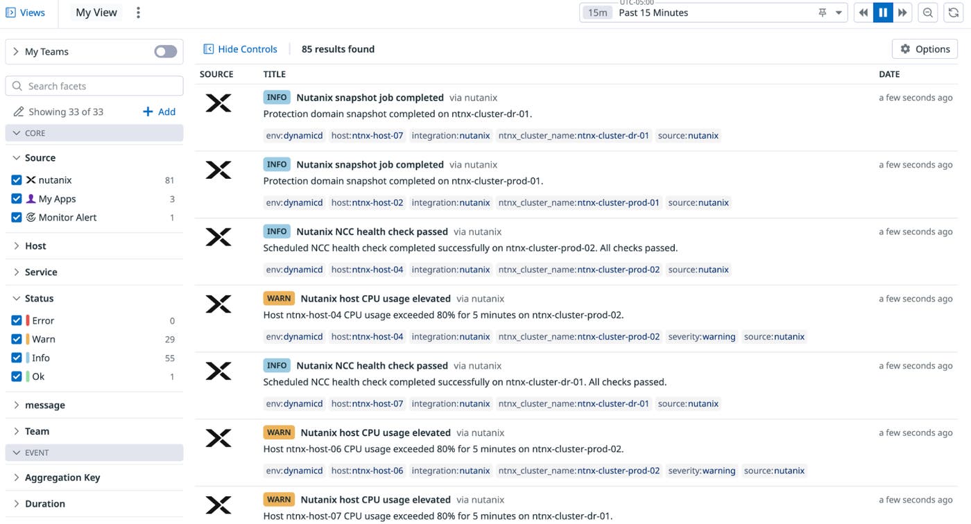 A Datadog event stream that shows Prism Central alerts, tasks, audits, and health check events. A Datadog event stream that shows Prism Central alerts, tasks, audits, and health check events.