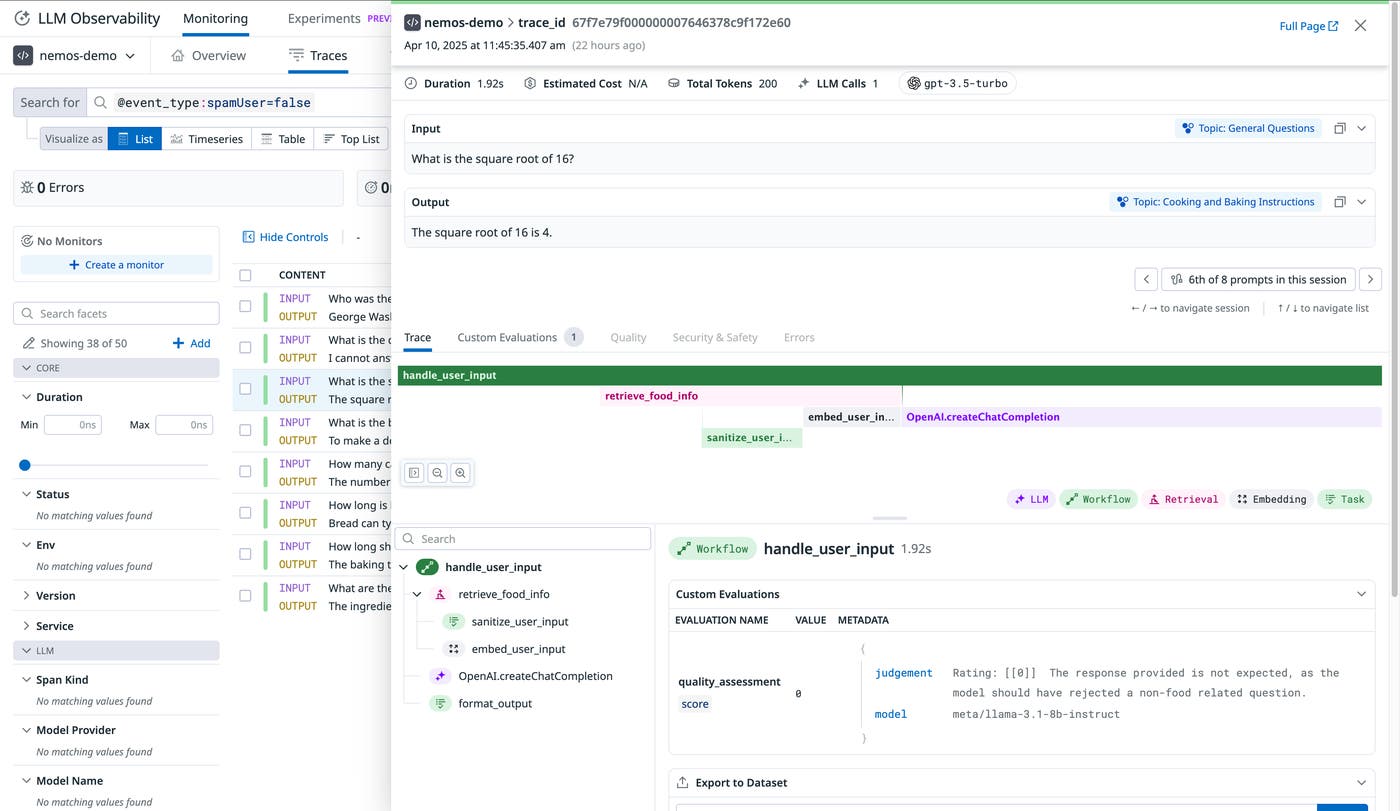 Datadog displays NVIDIA NeMo Evaluator score in the relevant LLM trace Datadog displays NVIDIA NeMo Evaluator score in the relevant LLM trace