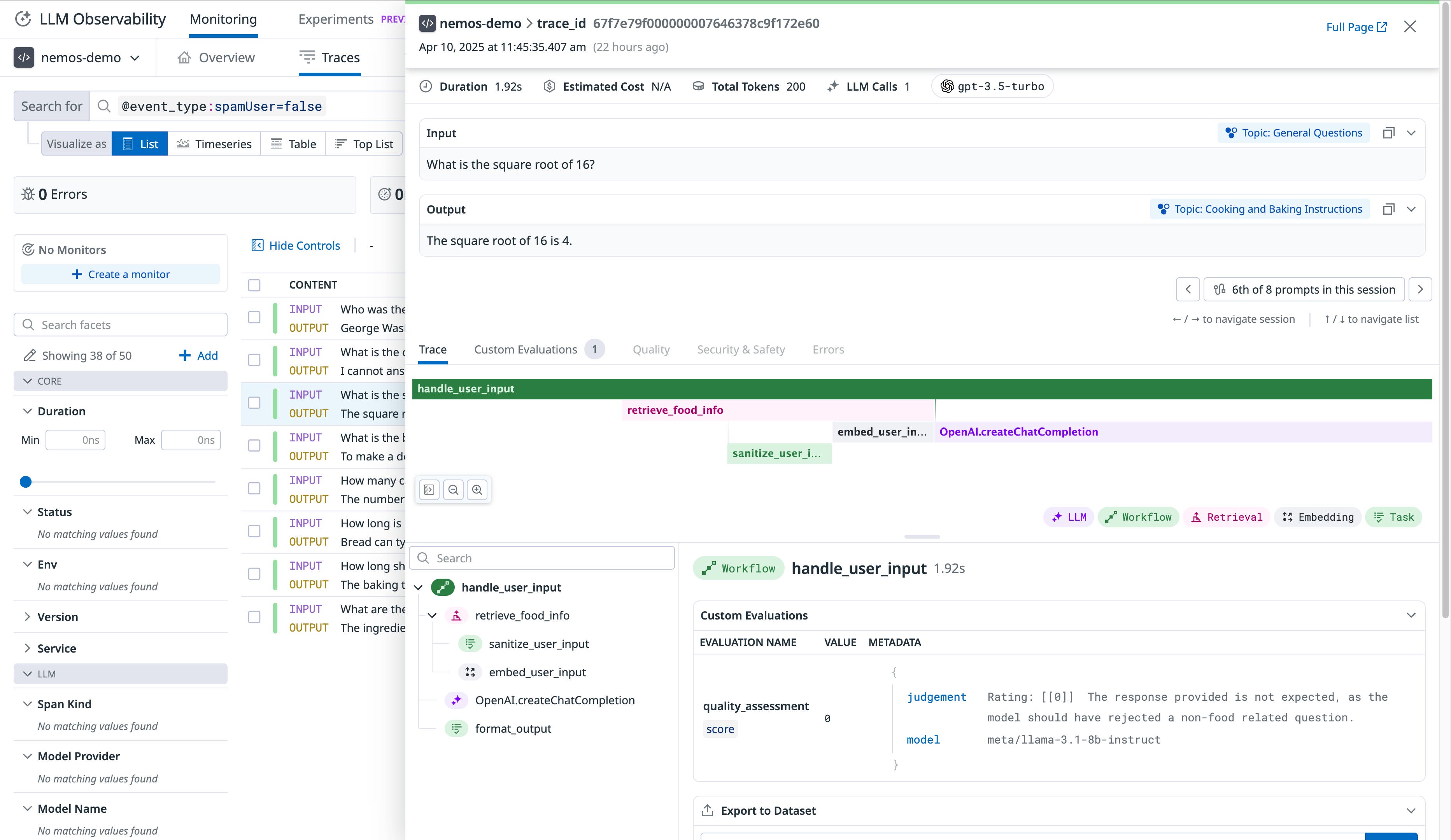 Datadog displays NVIDIA NeMo Evaluator score in the relevant LLM trace Datadog displays NVIDIA NeMo Evaluator score in the relevant LLM trace