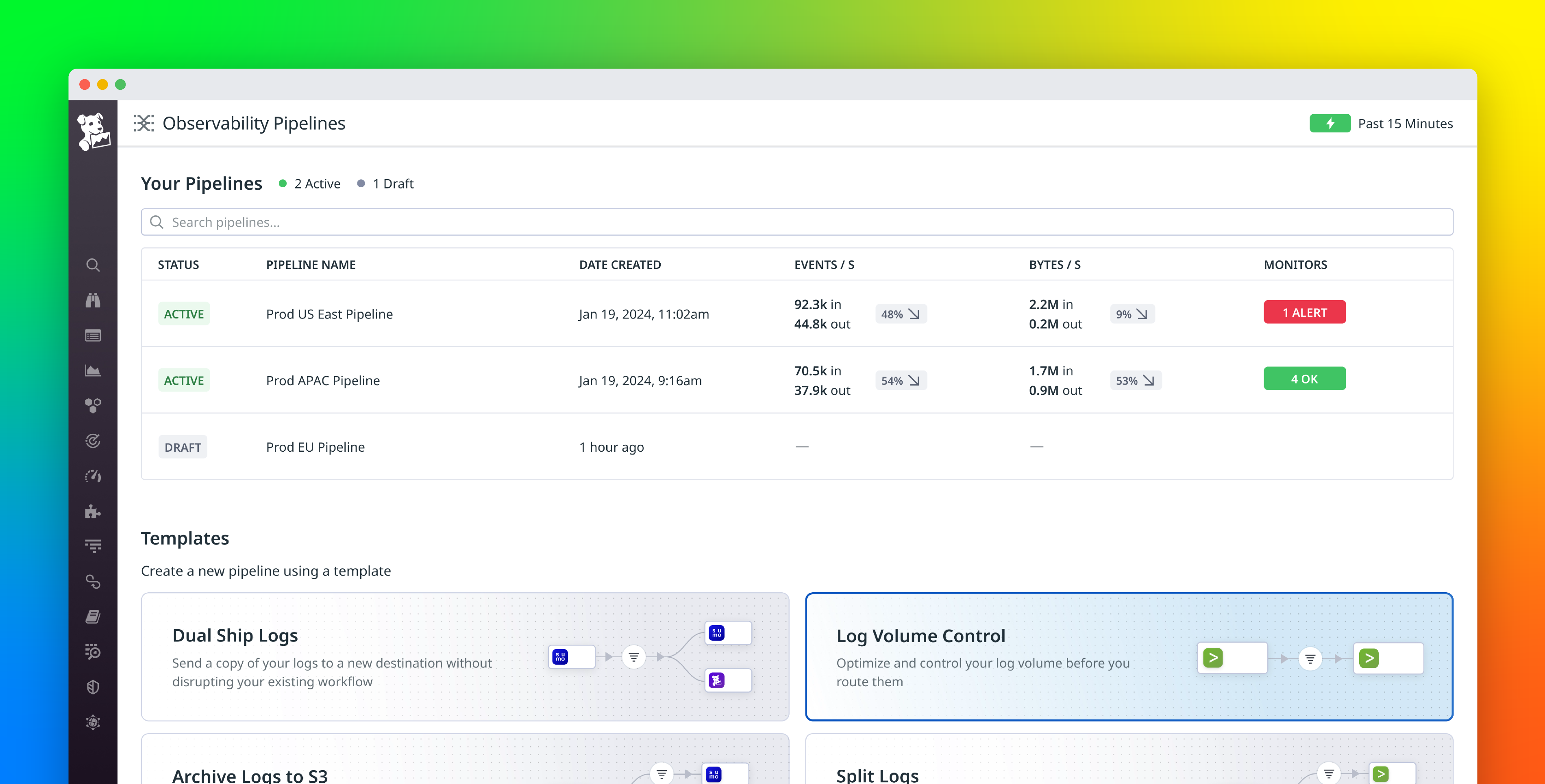 Control your log volumes with Datadog Observability Pipelines