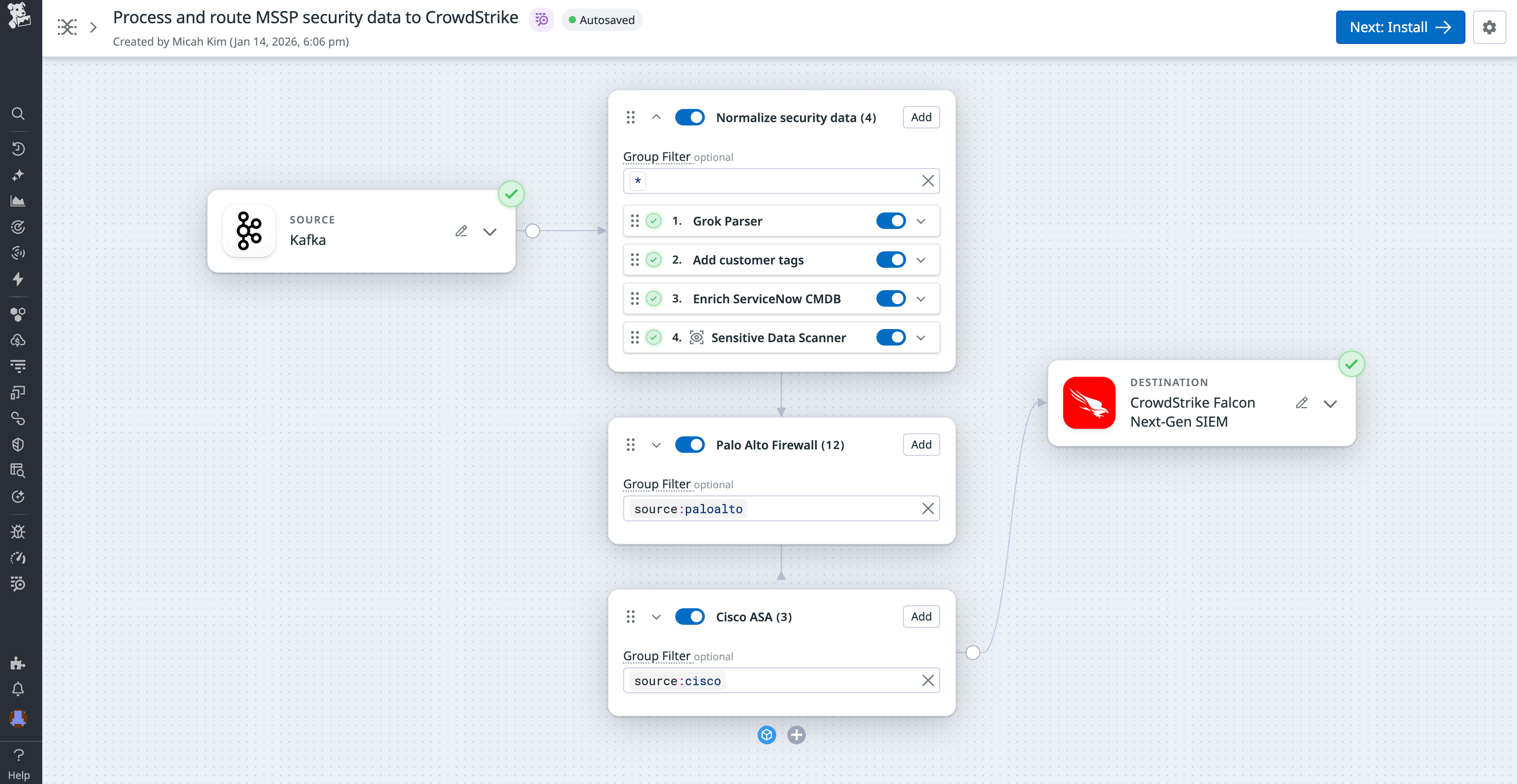 Observability Pipelines config: Kafka source, security processors, and routing to CrowdStrike Falcon.