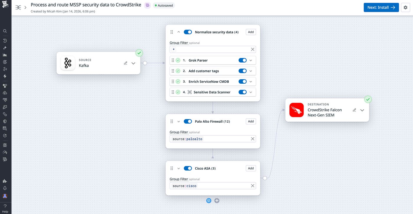 Observability Pipelines config: Kafka source, security processors, and routing to CrowdStrike Falcon. Observability Pipelines config: Kafka source, security processors, and routing to CrowdStrike Falcon.