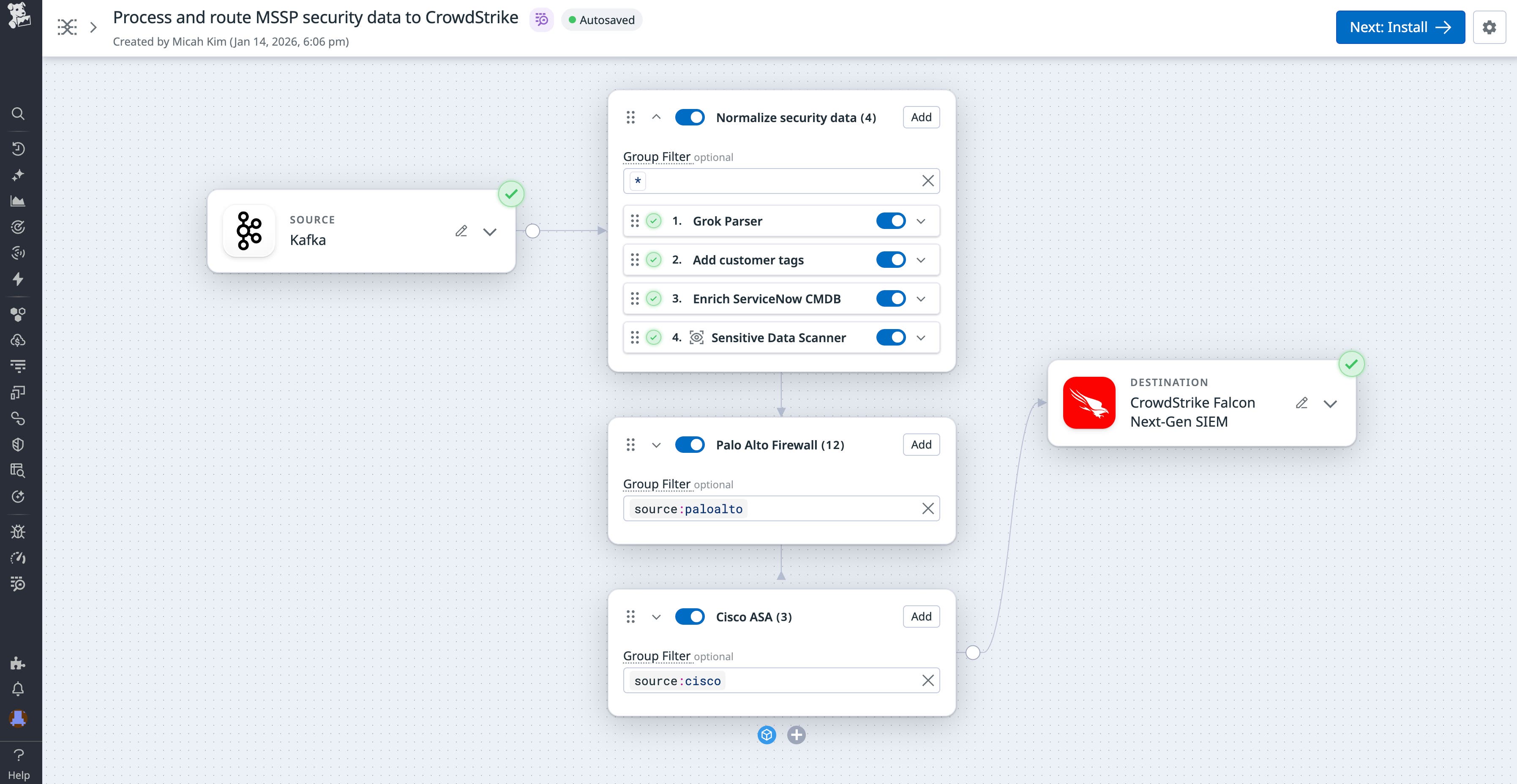 Observability Pipelines config: Kafka source, security processors, and routing to CrowdStrike Falcon. Observability Pipelines config: Kafka source, security processors, and routing to CrowdStrike Falcon.