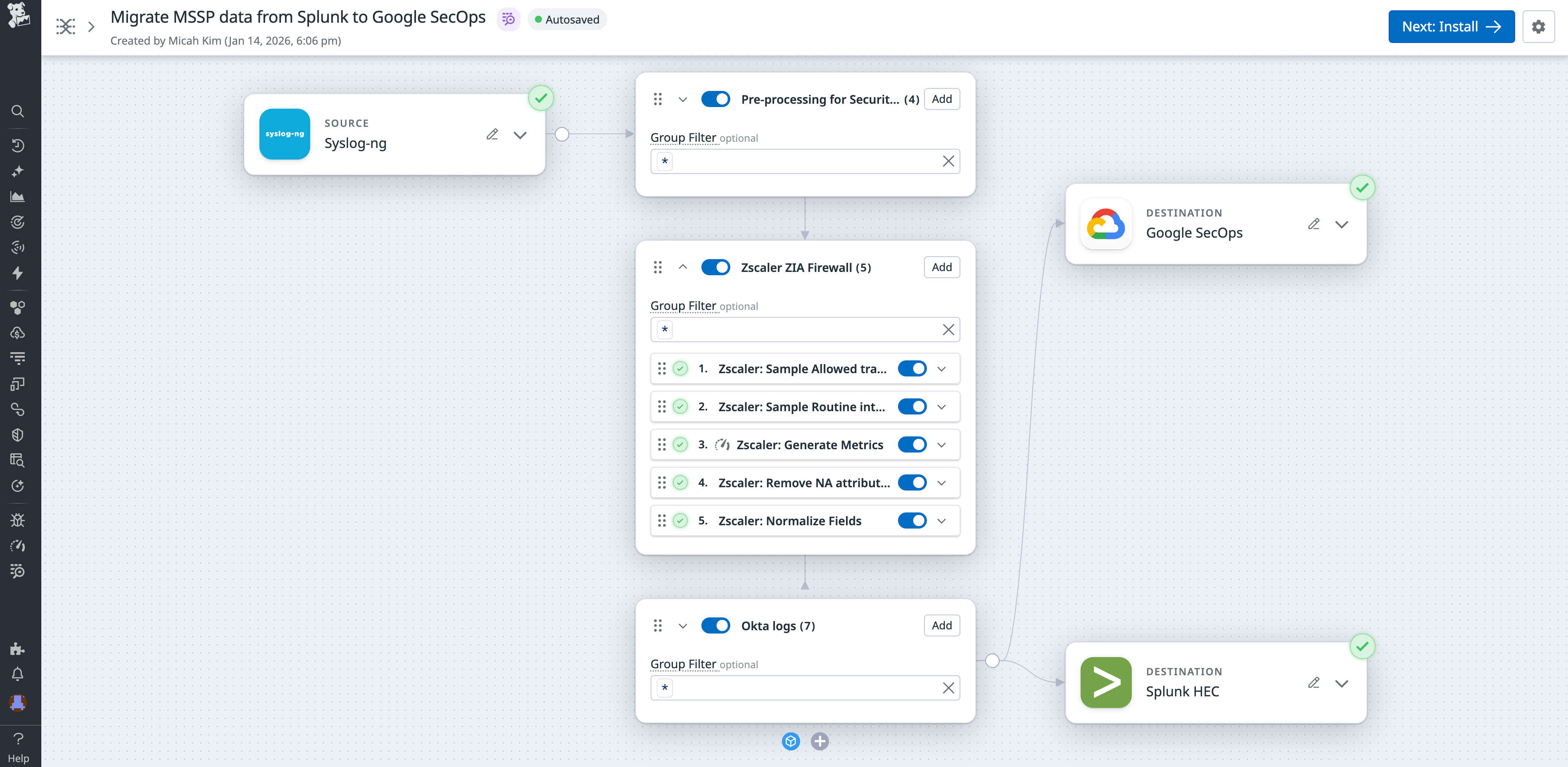 Pipeline migration example: preprocess Zscaler and Okta logs, route to Google SecOps and Splunk.