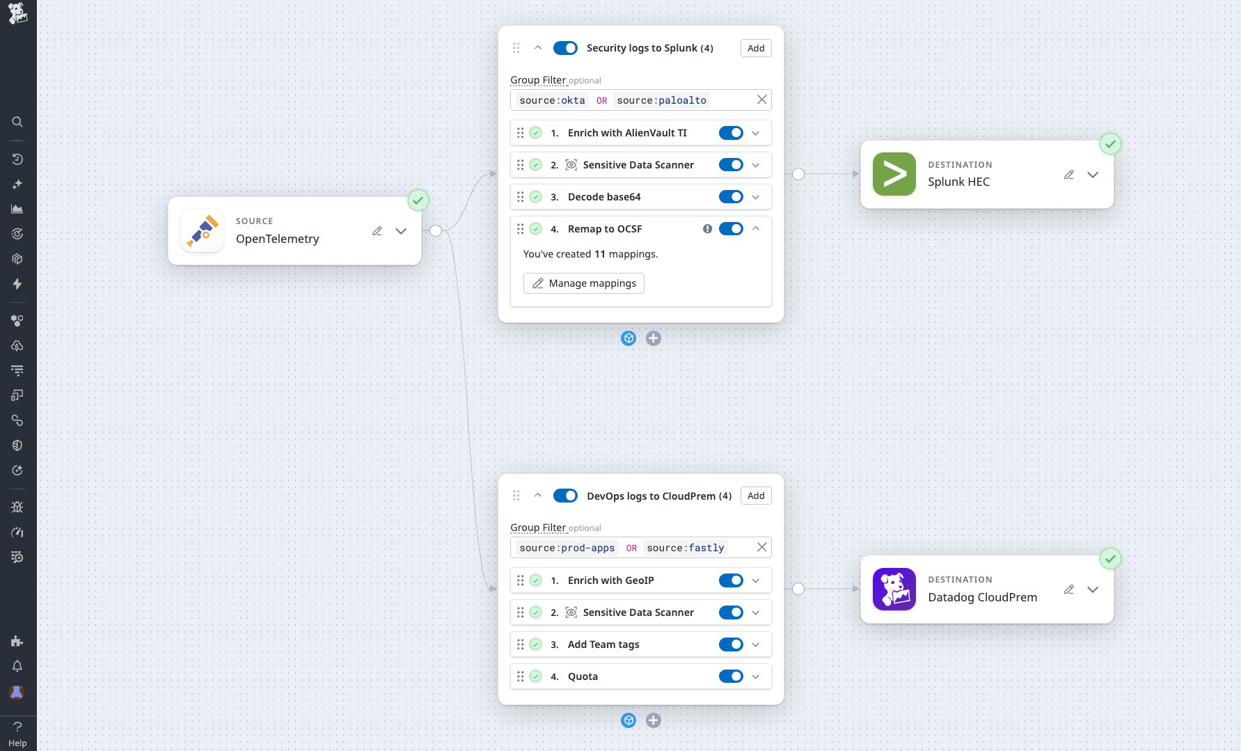 A screenshot of an Observability Pipelines routing schema using OTel as the primary source of data being routed to Splunk and Datadog.