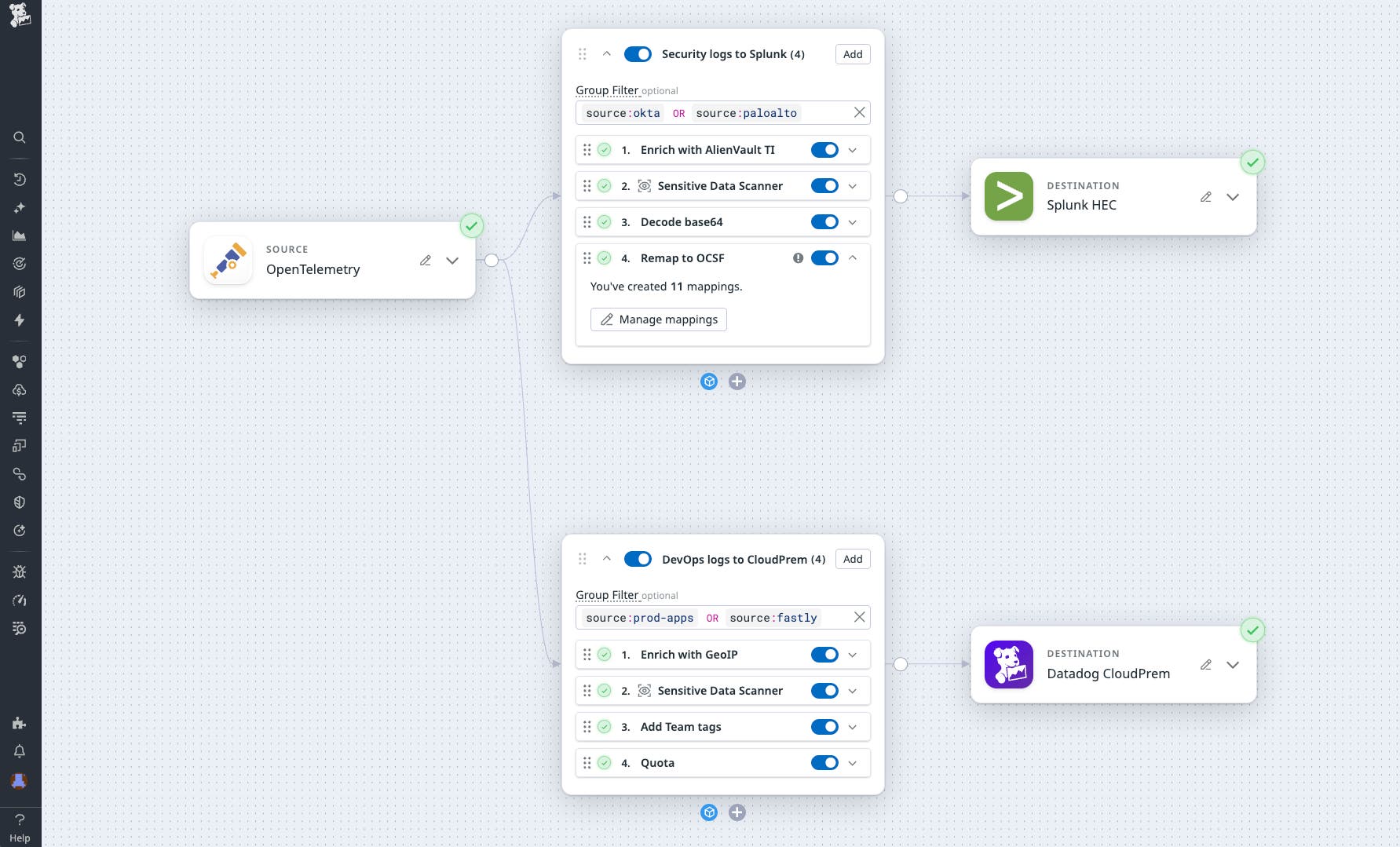 A screenshot of an Observability Pipelines routing schema using OTel as the primary source of data being routed to Splunk and Datadog. A screenshot of an Observability Pipelines routing schema using OTel as the primary source of data being routed to Splunk and Datadog.