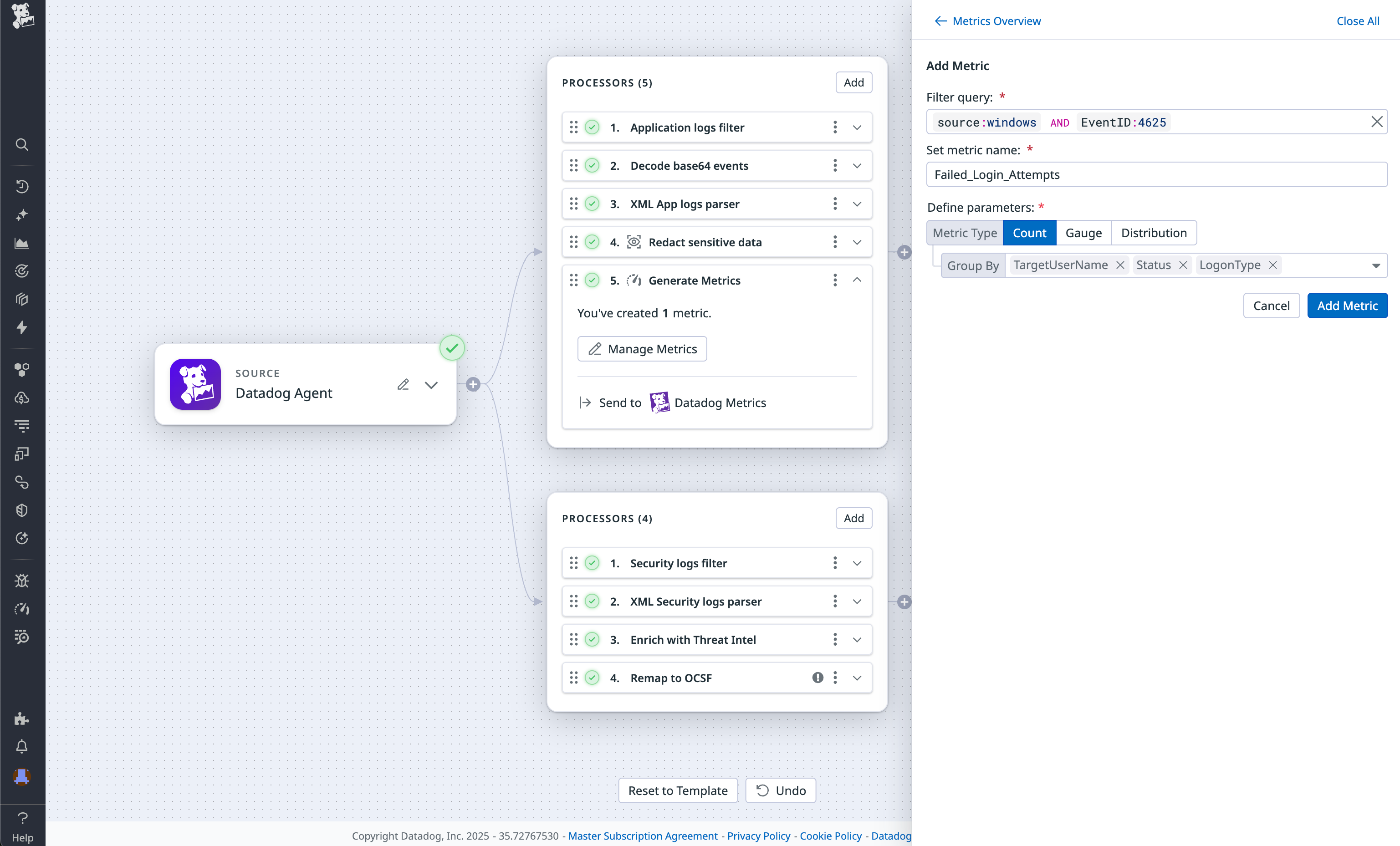 View of a pipeline that filters for Windows 4625 events and generates a metric for failed login attempts.