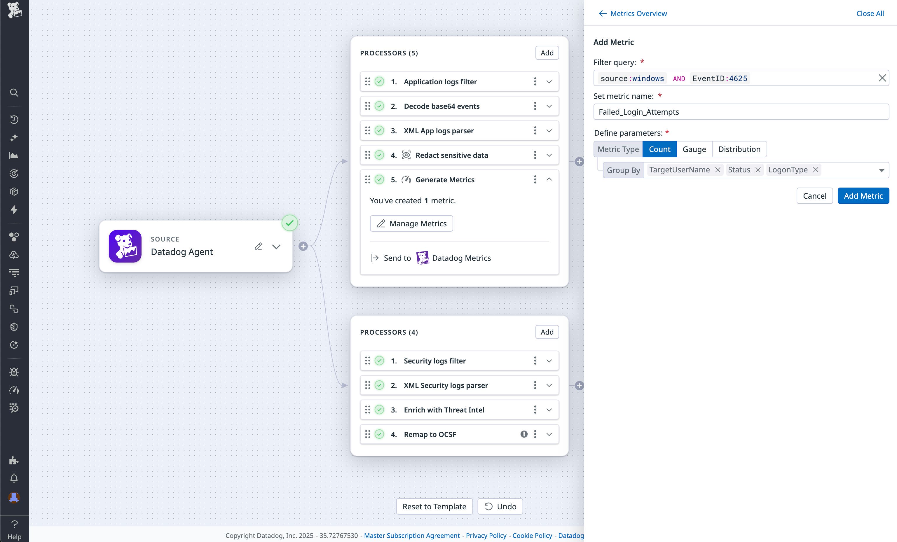 View of a pipeline that filters for Windows 4625 events and generates a metric for failed login attempts. View of a pipeline that filters for Windows 4625 events and generates a metric for failed login attempts.