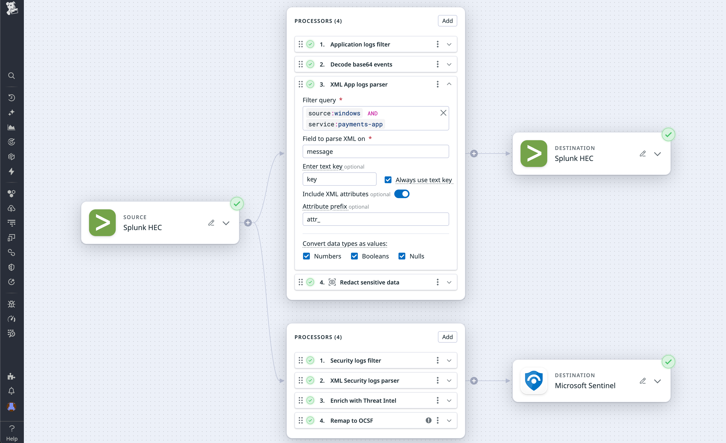 View of a pipeline that parses logs before sending them to multiple destinations.