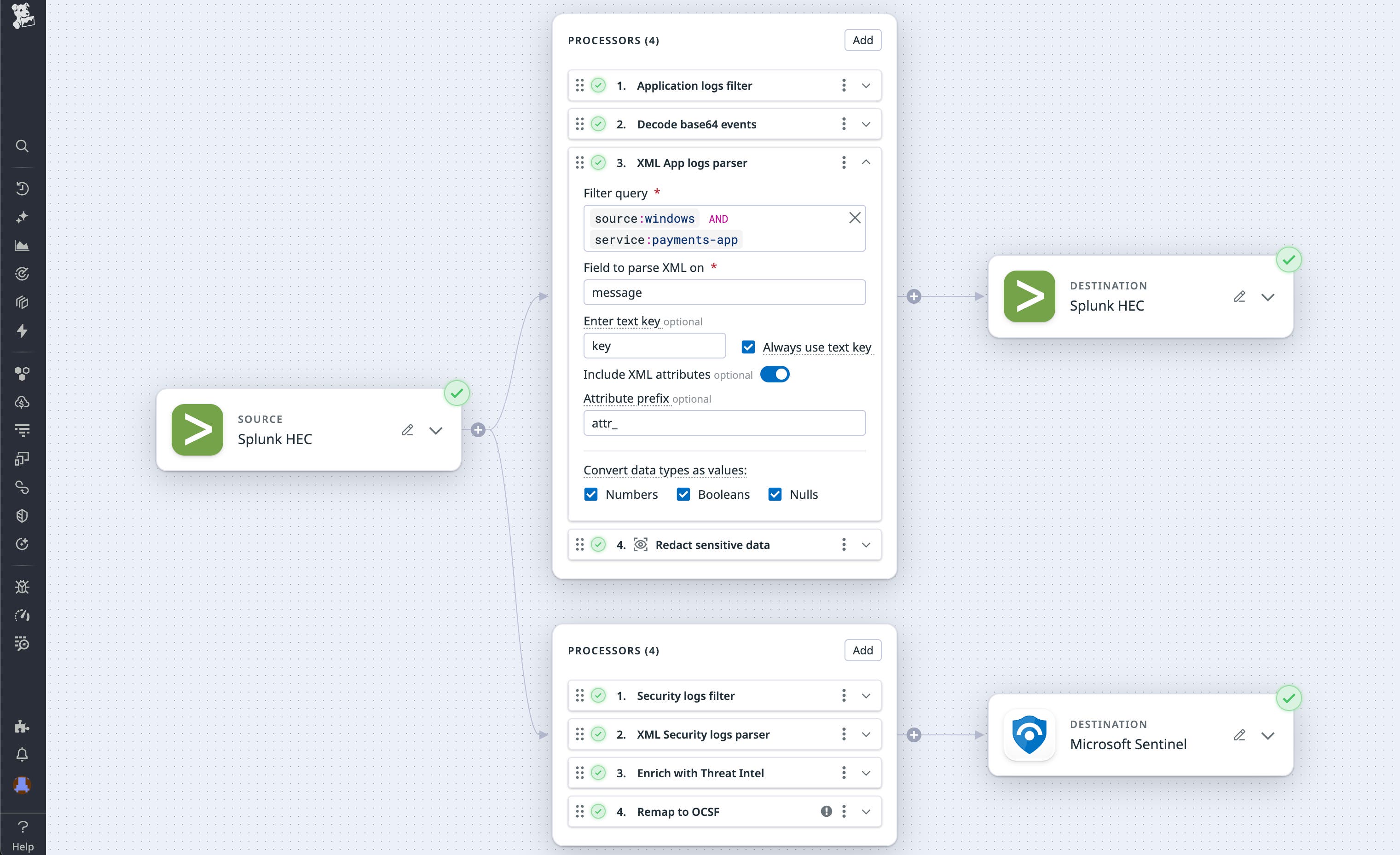 View of a pipeline that parses logs before sending them to multiple destinations. View of a pipeline that parses logs before sending them to multiple destinations.