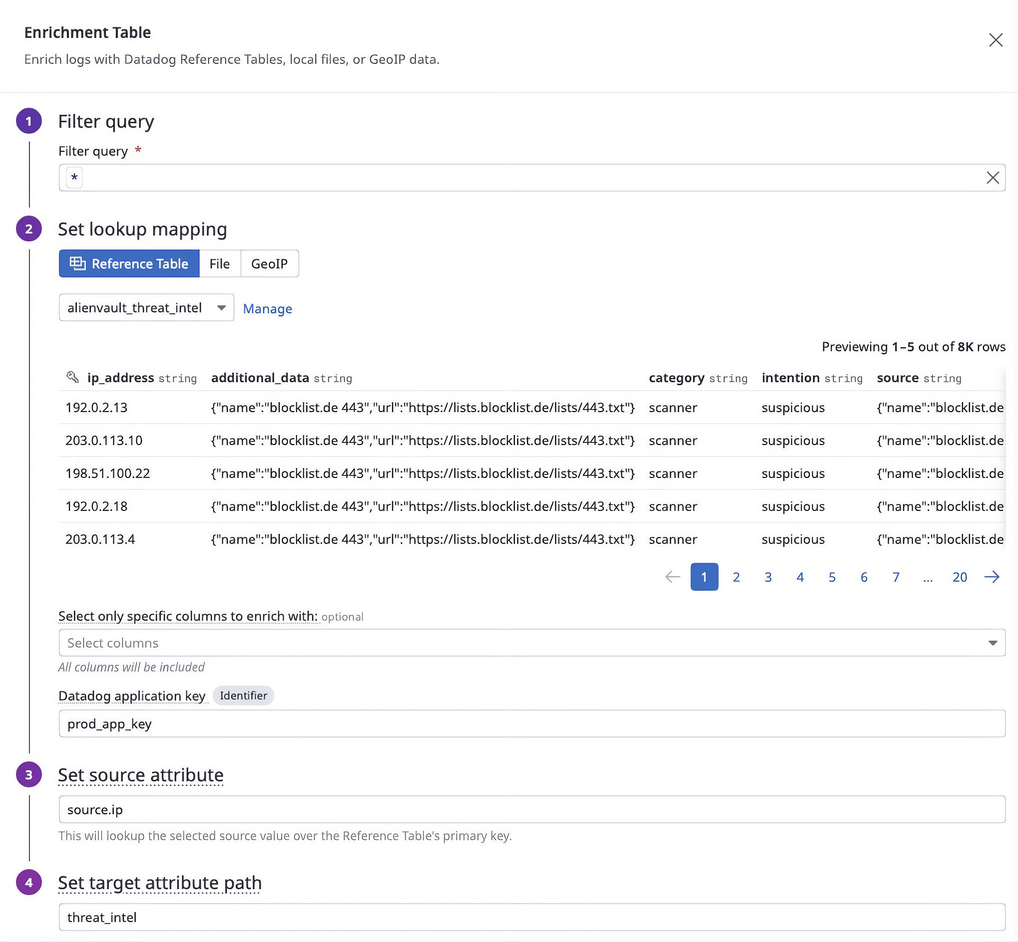 Enrichment Table processor configured to enrich logs with threat intelligence from an AlienVault feed stored in Snowflake.
