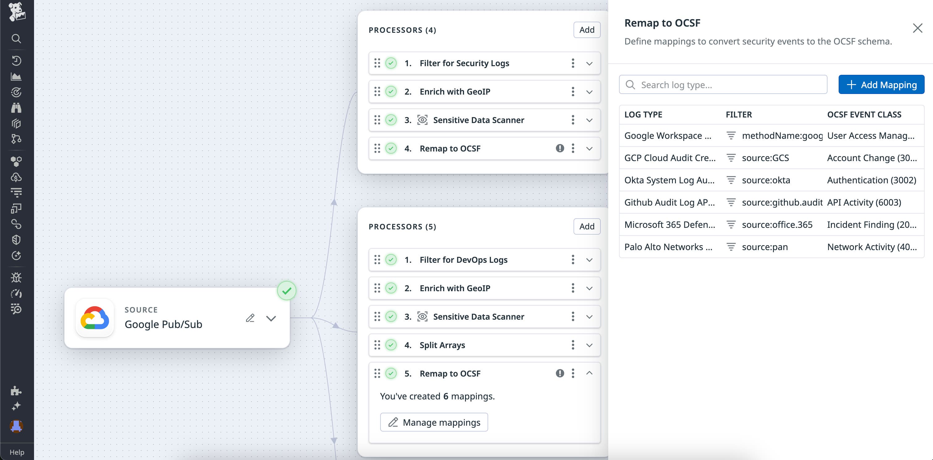 A Google Workspace Admin log being remapped to OCSF. A Google Workspace Admin log being remapped to OCSF.