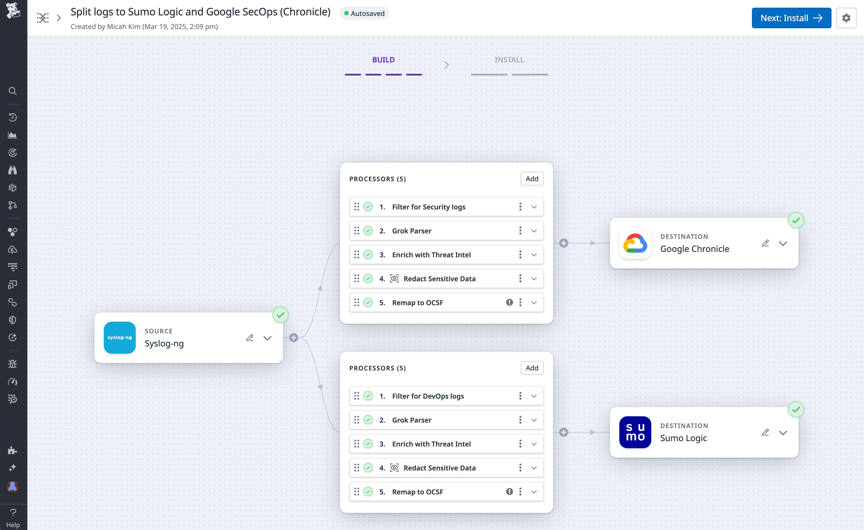A log splitting pipeline that sends logs to Google SecOps and Sumo Logic. A log splitting pipeline that sends logs to Google SecOps and Sumo Logic.