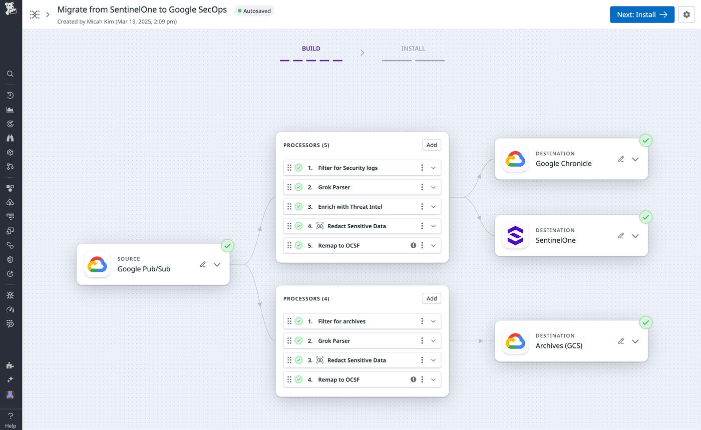 A pipeline that helps migrate logs from SentinelOne to Google SecOps. A pipeline that helps migrate logs from SentinelOne to Google SecOps.